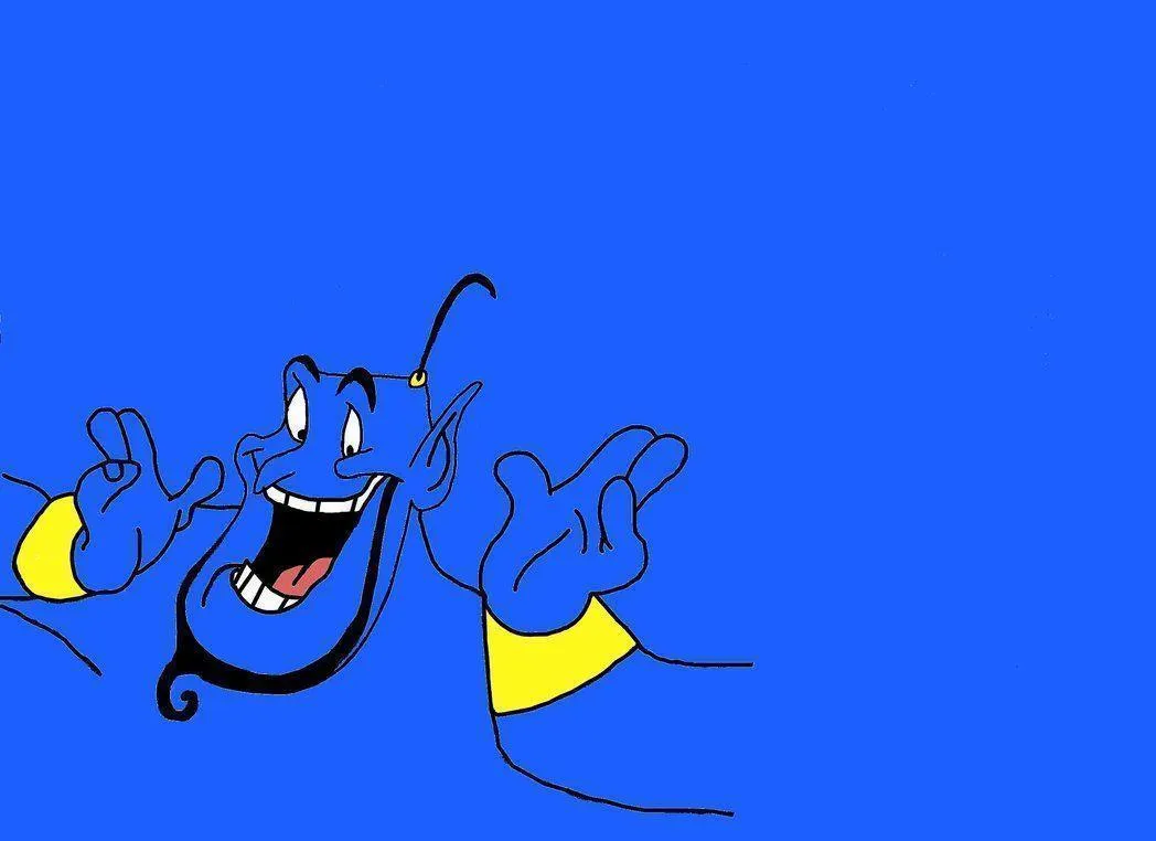 Genie Holding Microphone Singing in a Joyful Blue Scene