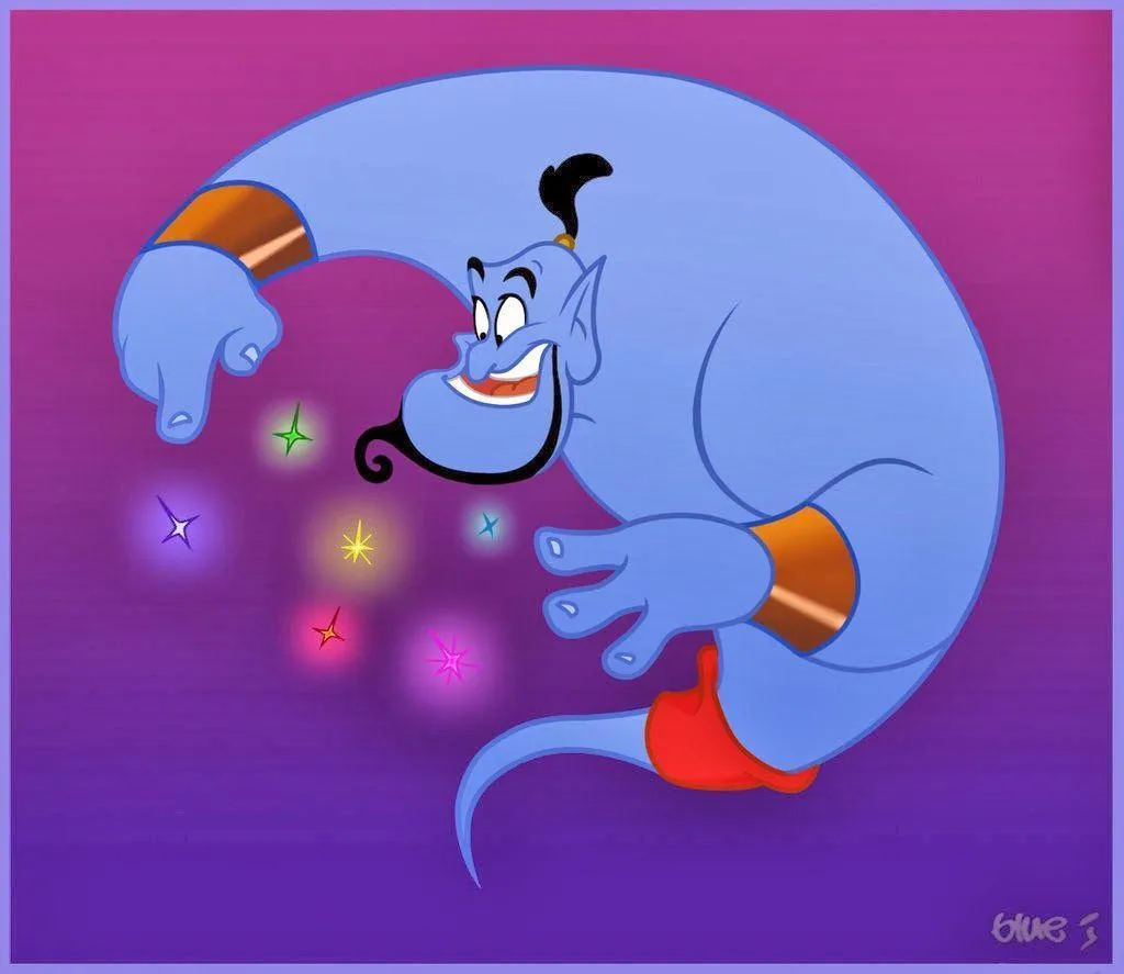 Genie Hugging Abu in a Fun and Colorful Cartoon Moment