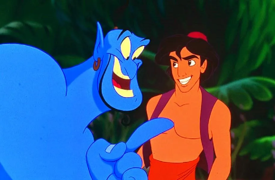 Genie Winking and Posing Next to a Smiling Aladdin
