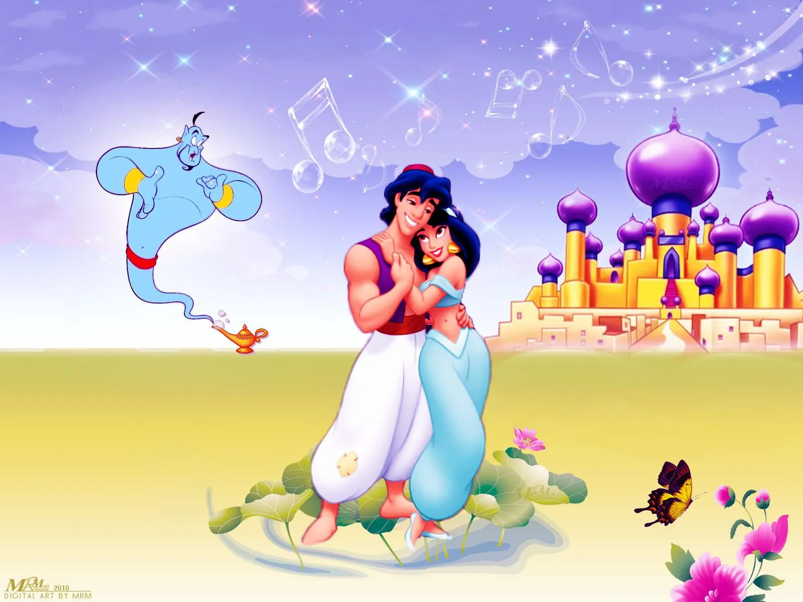Jasmine and Aladdin Standing in Front of Pink Sky Wallpaper