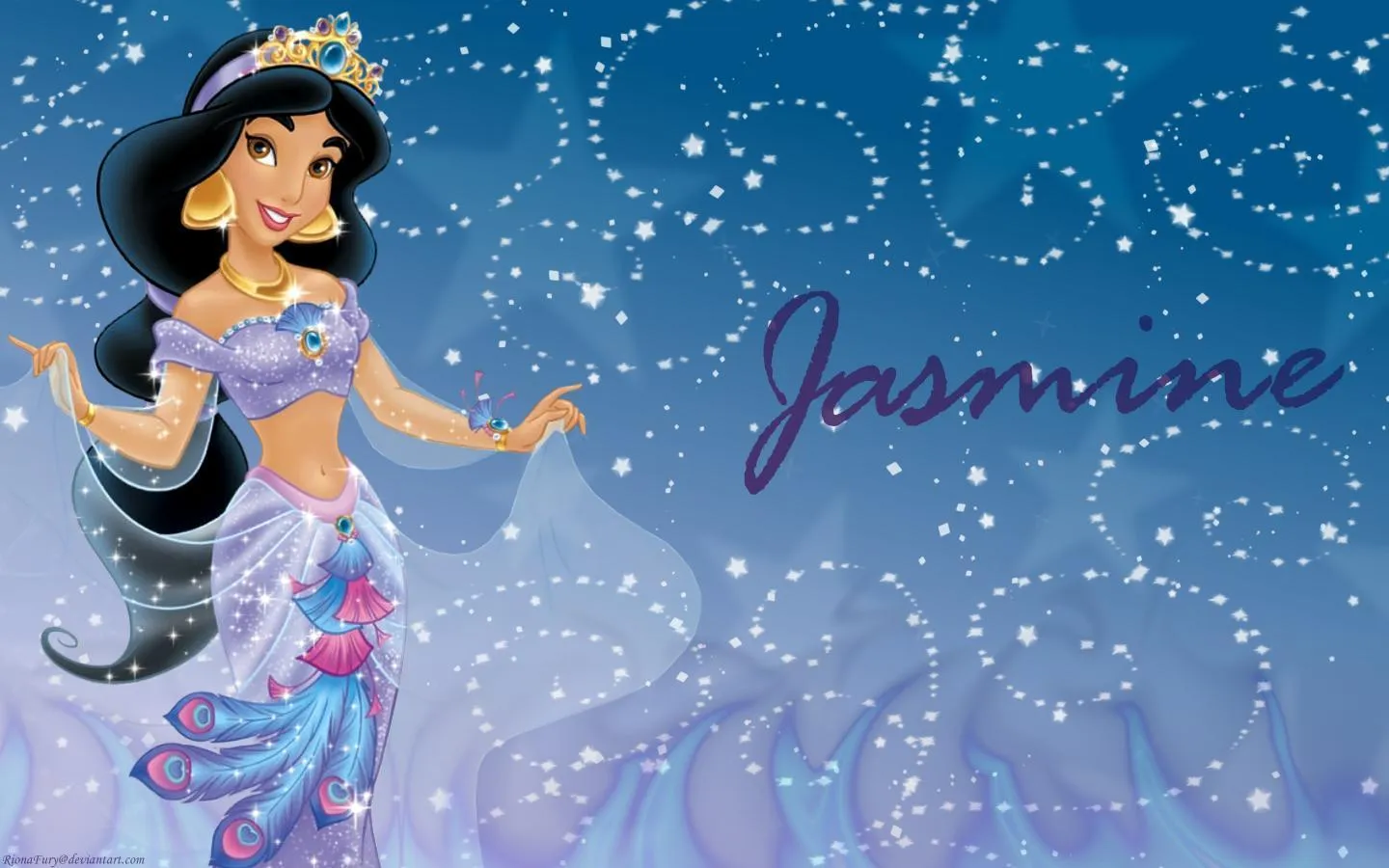 Jasmine in Blue Dress with Magical Sky in Background