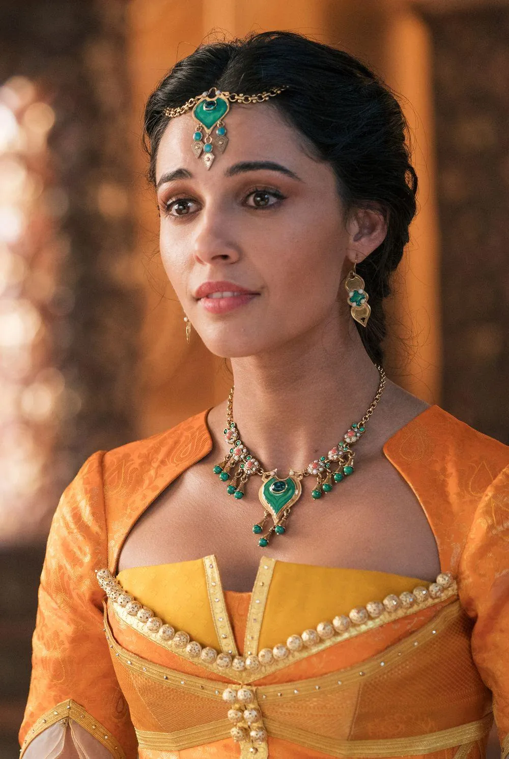 Live Action Woman Wearing Elegant Yellow Dress and Jewelry