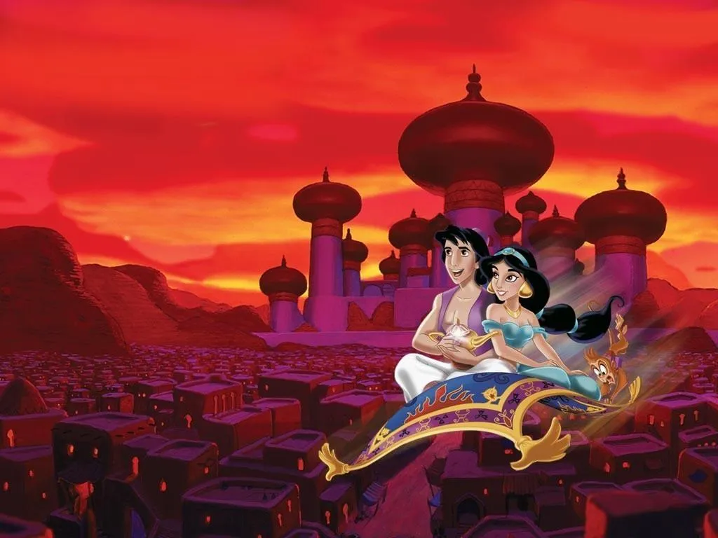 Magic Carpet Flying Over City at Sunset in Aladdin Scene
