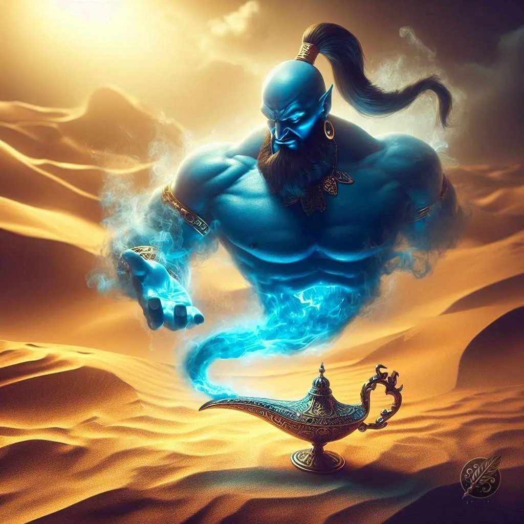 Powerful Genie Bursting Out in Magical Blue Smoke Wallpaper