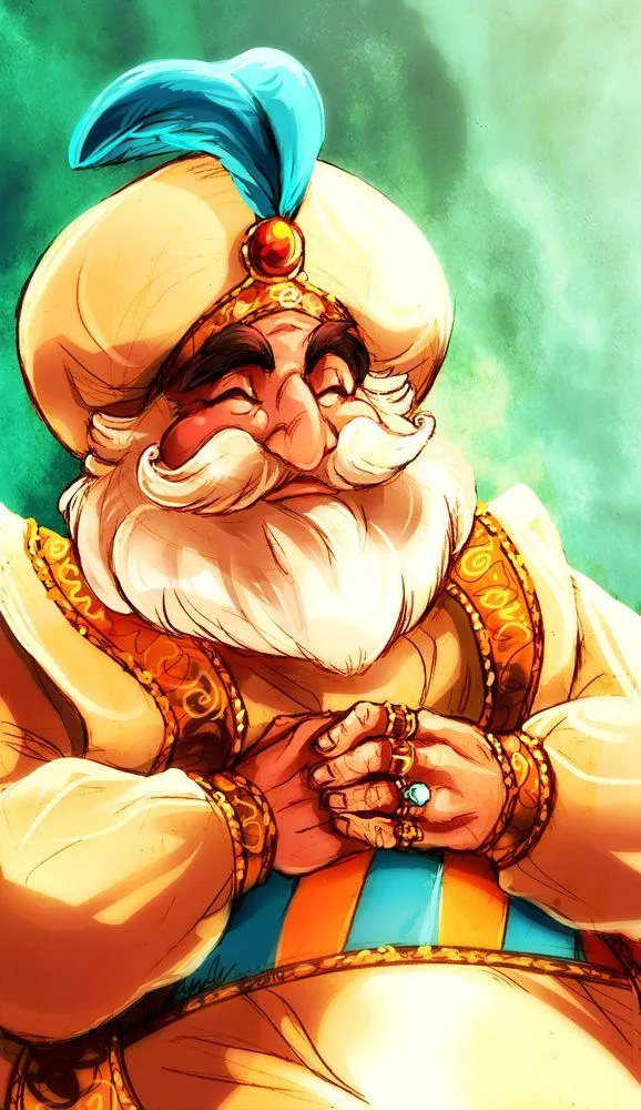 Sultan from Aladdin Smiling Happily in Royal Golden Attire