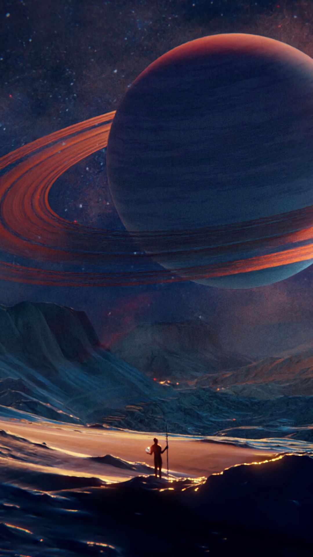 HD Man under ringed planet in alien landscape wallpaper