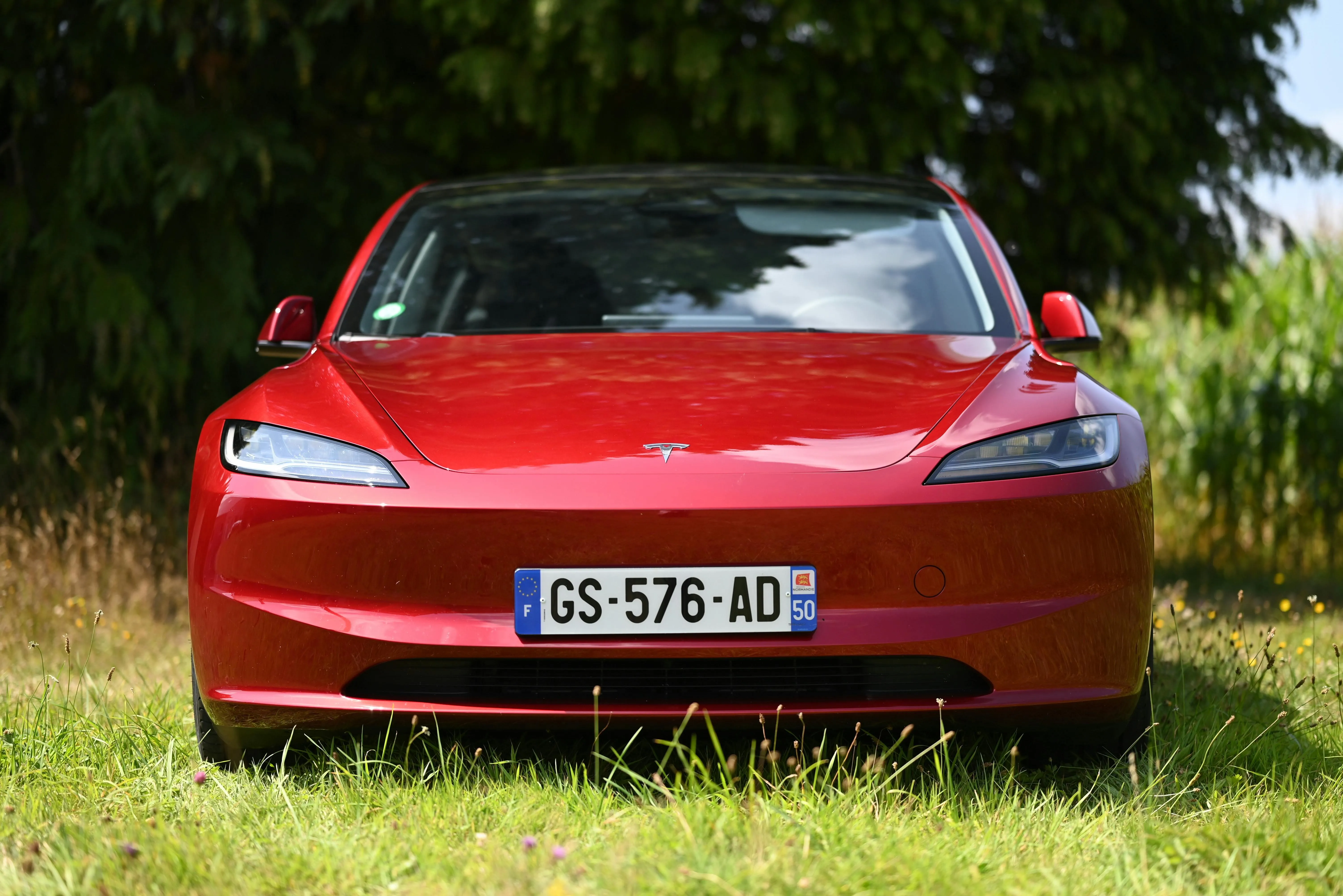 4K Image Red Tesla Model 3 Front View Parked in Green Area