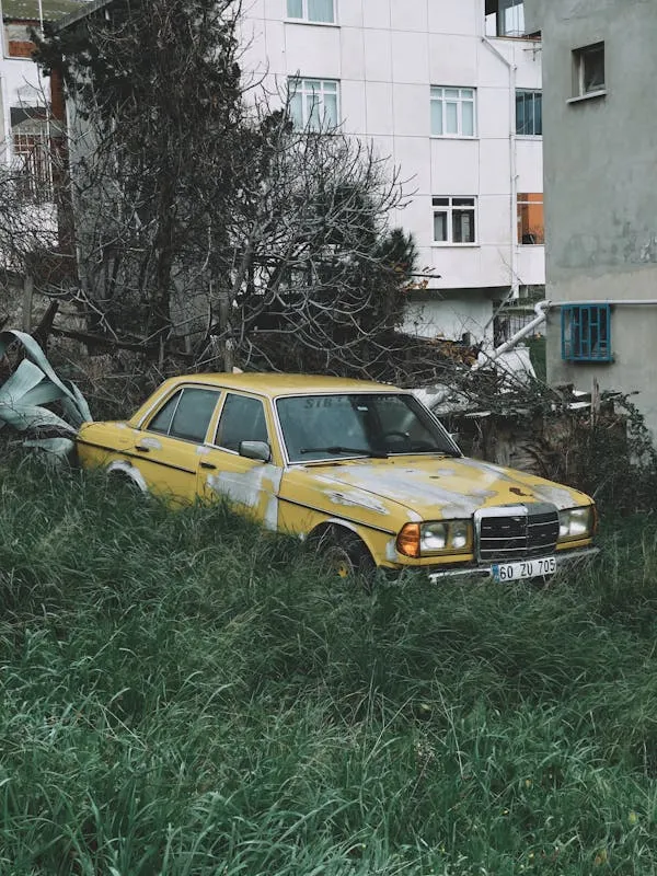 Abandoned Yellow Mercedes Benz in Overgrown Grass Wallpaper