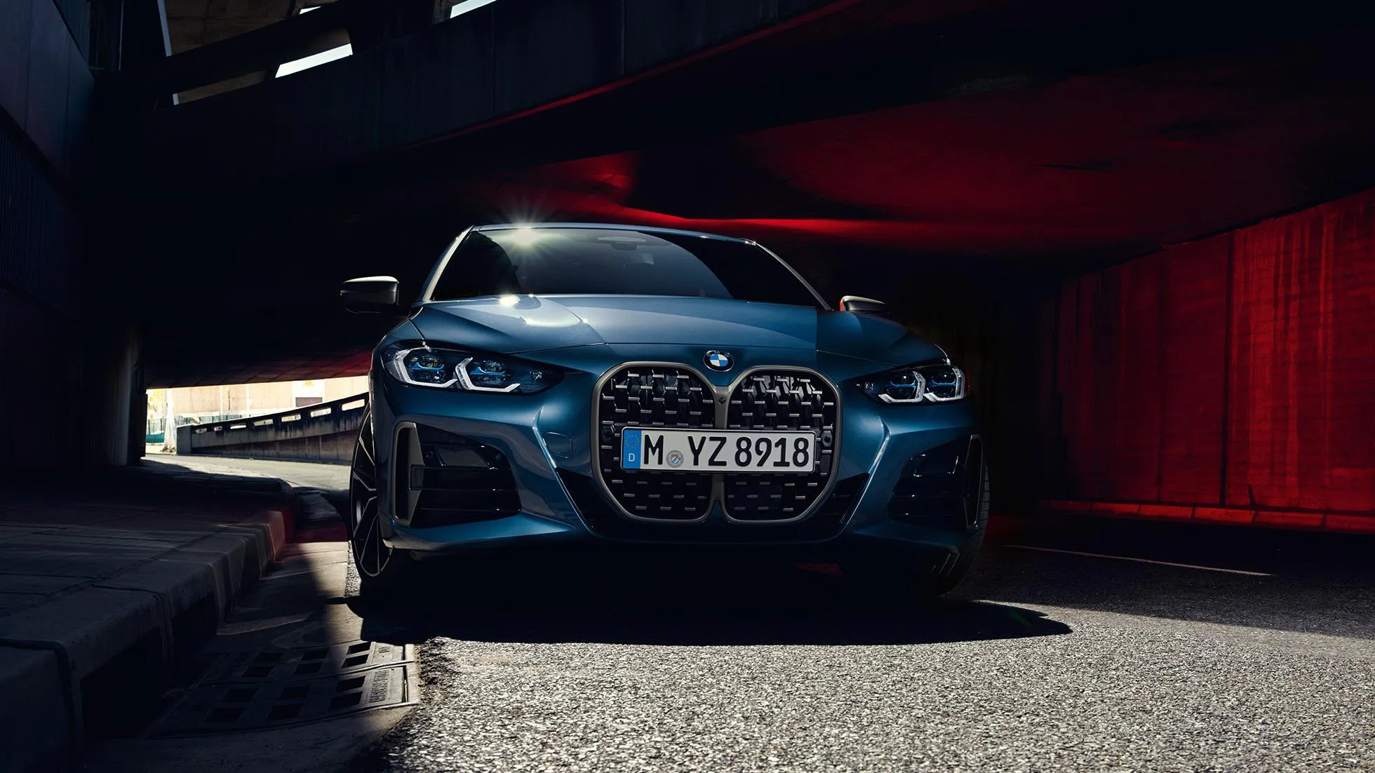 Amazing Blue Bmw Sedan in Dim Garage with Headlights On