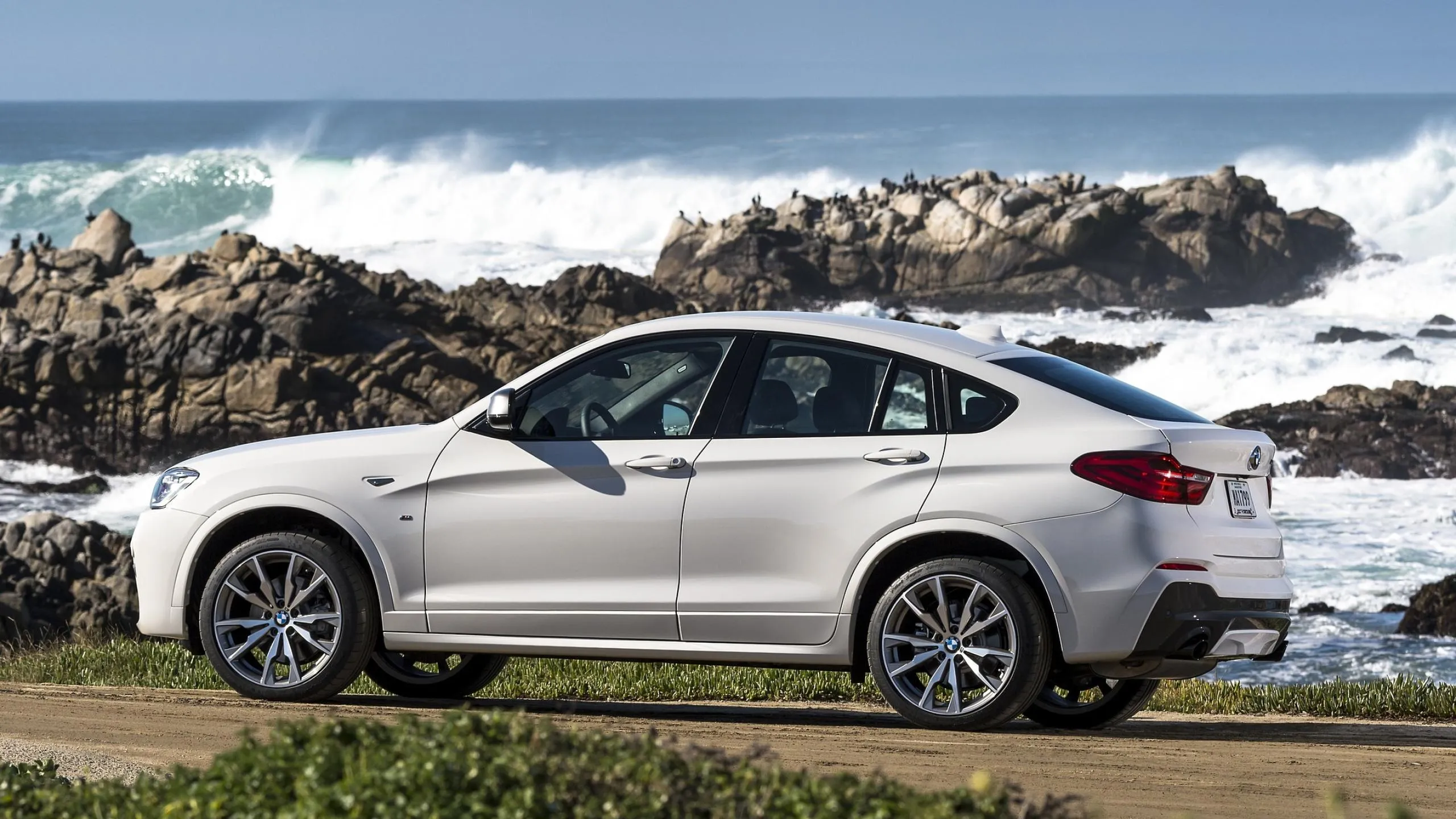 Beige Bmw Suv Parked Near Ocean with Rocks and Waves