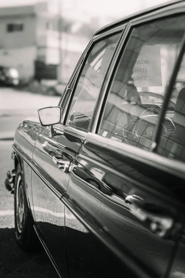 Black and white photo of classic Mercedes car window