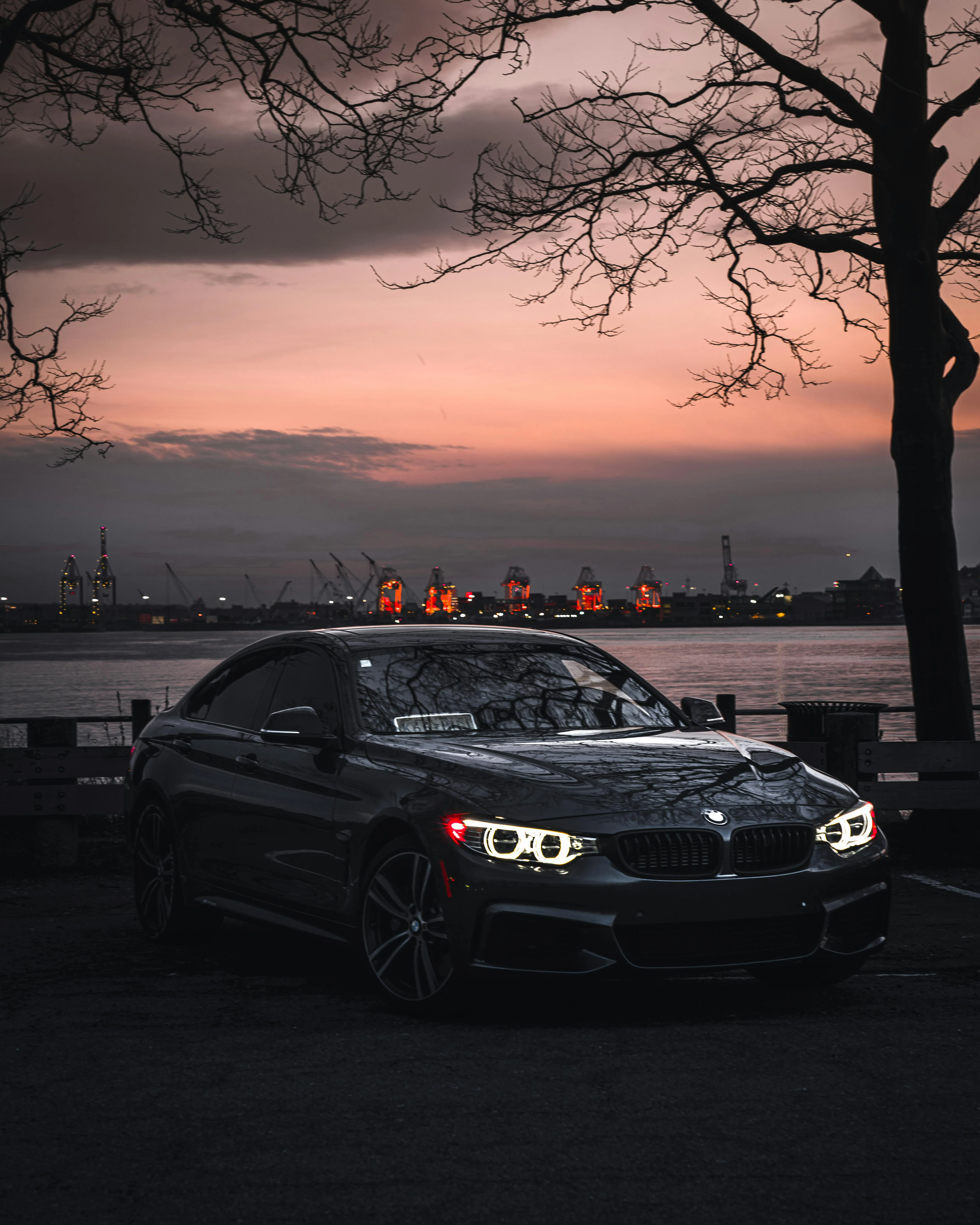 Black Bmw at Sunset Near Waterfront and Bare Trees