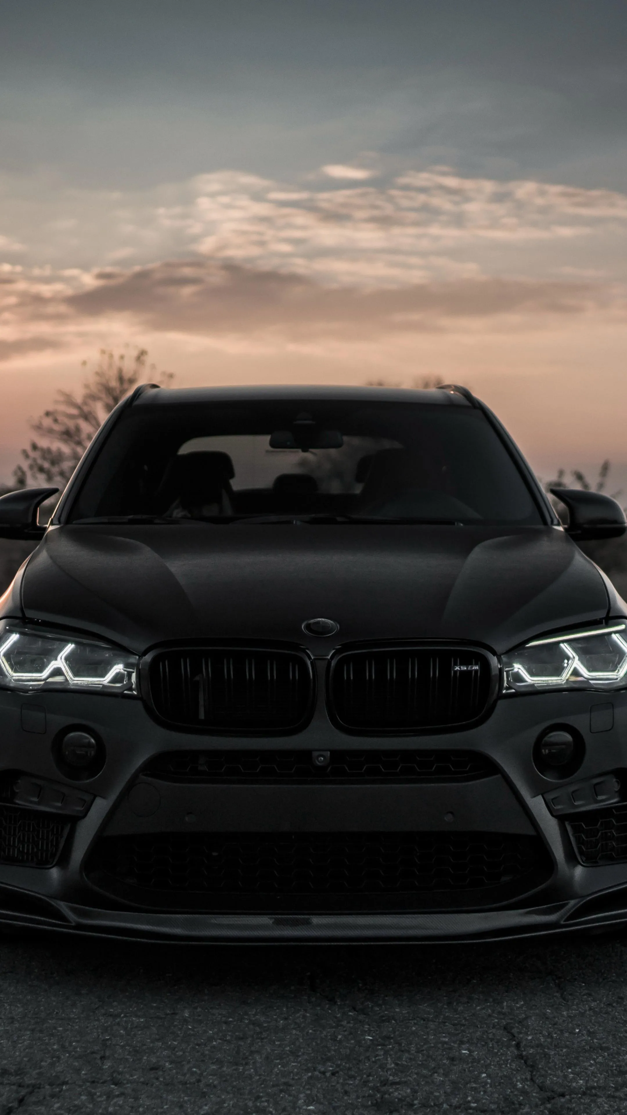 Black Bmw Front View at Dusk with Cloudy Sky Wallpaper