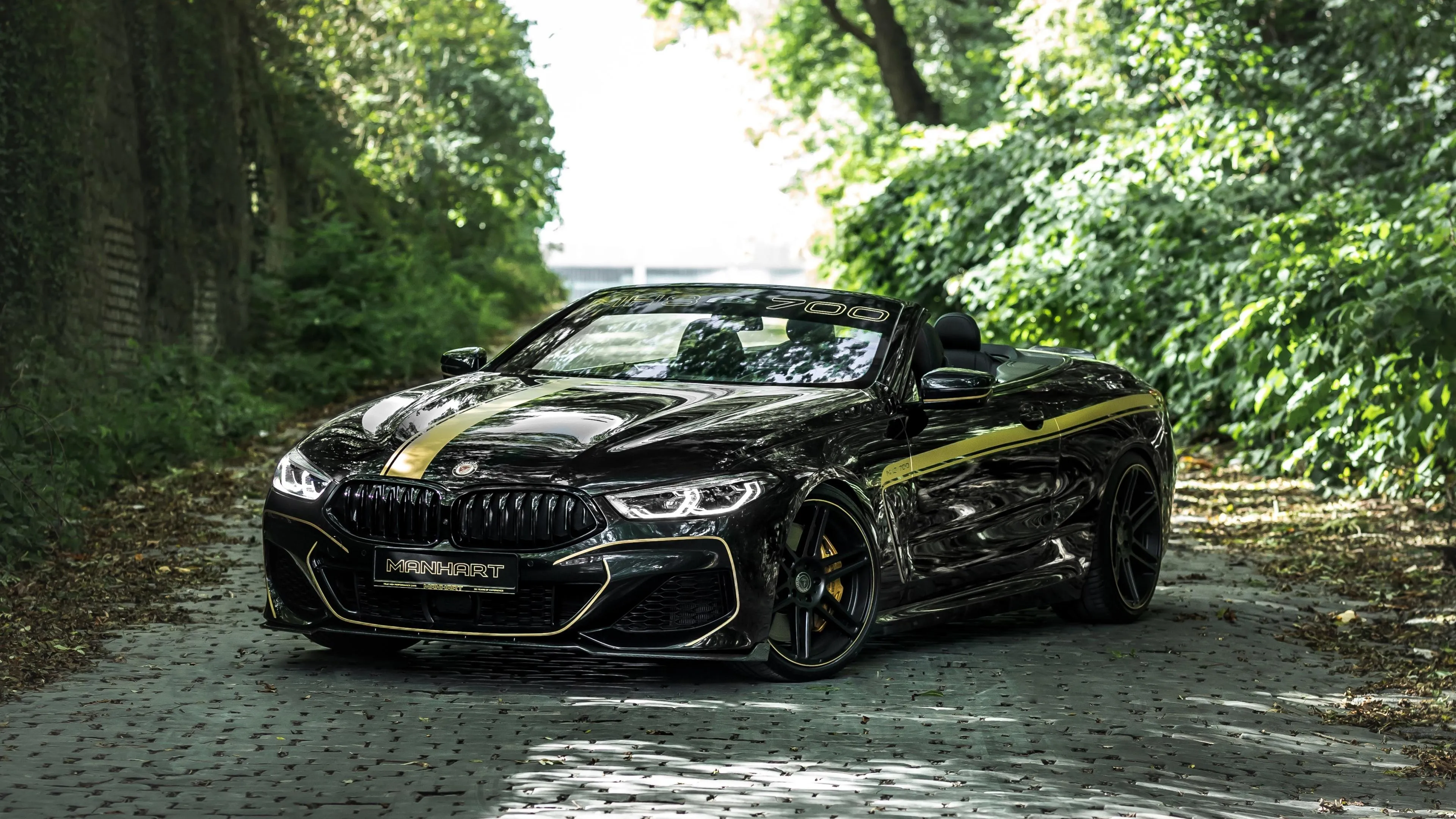 Black Convertible Bmw Parked on Forest Road in Sunlight