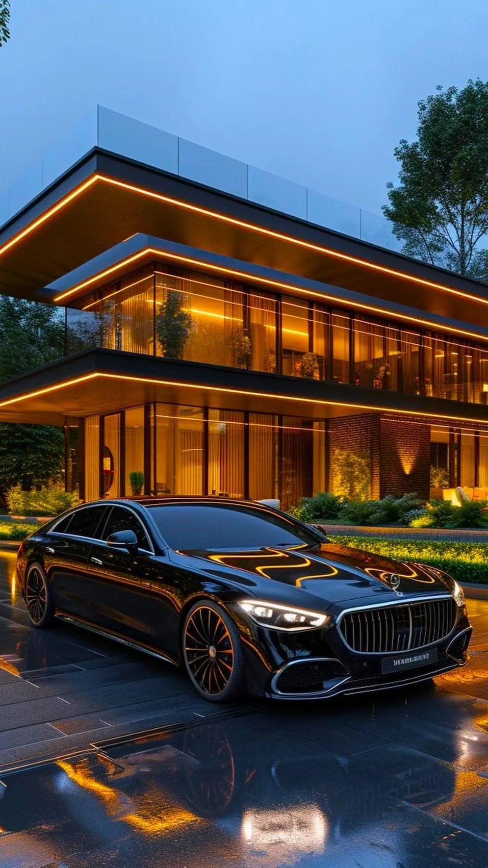 Black Mercedes Benz Car Parked in Front of House with Lights