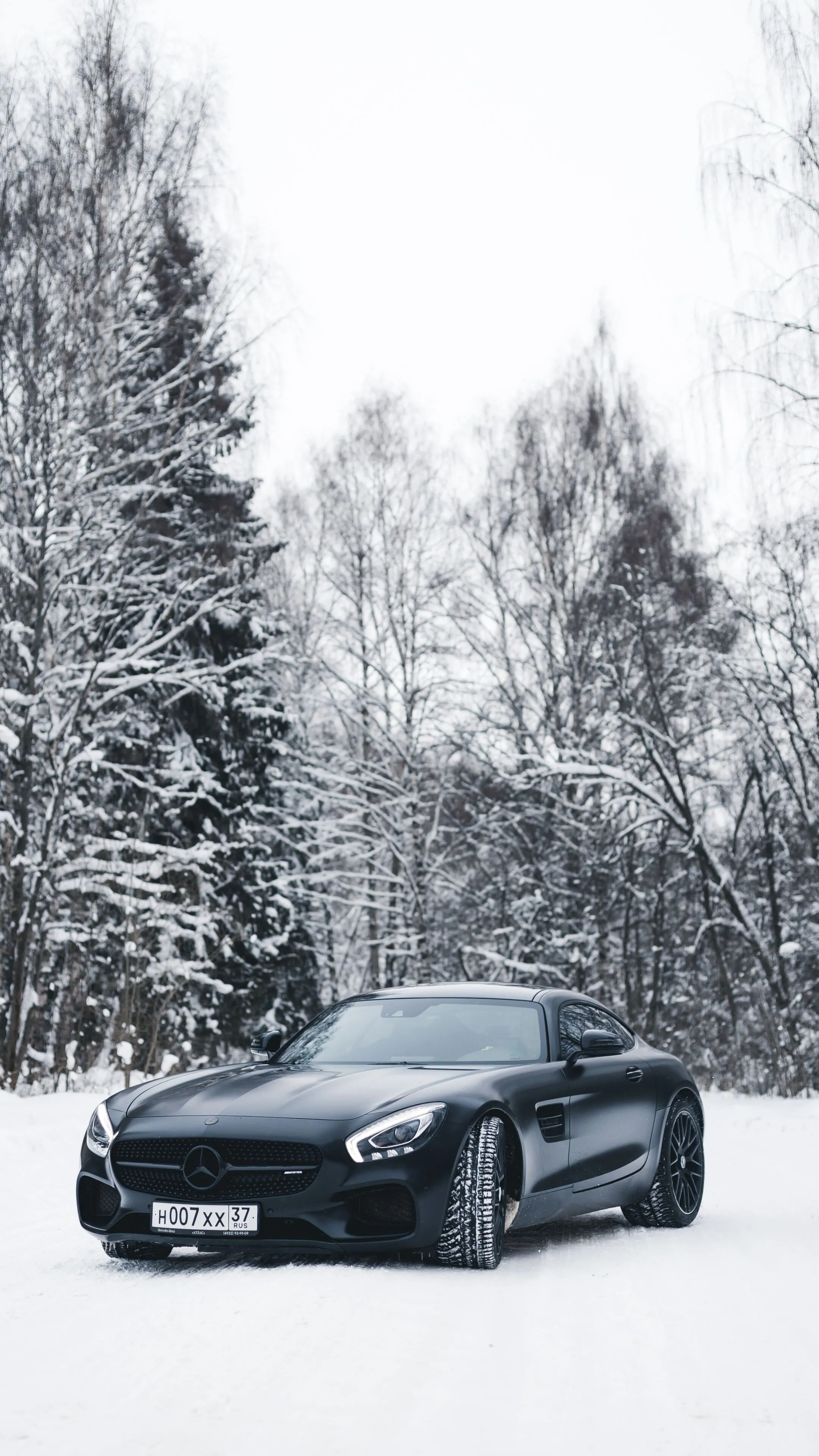 Black Mercedes Benz Coupe Parked in Winter Forest Wallpaper