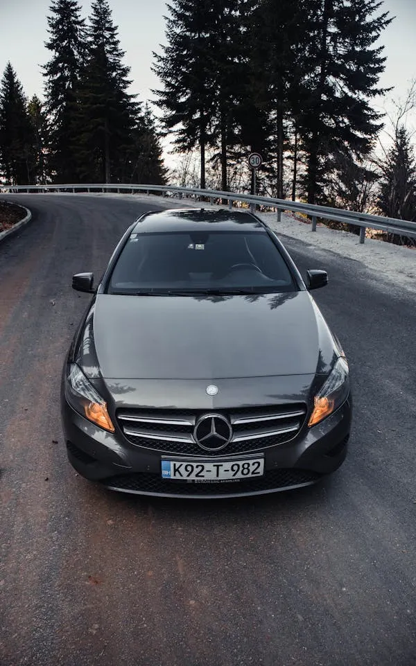 Black Mercedes Benz on Wet Mountain Road in Forest Area