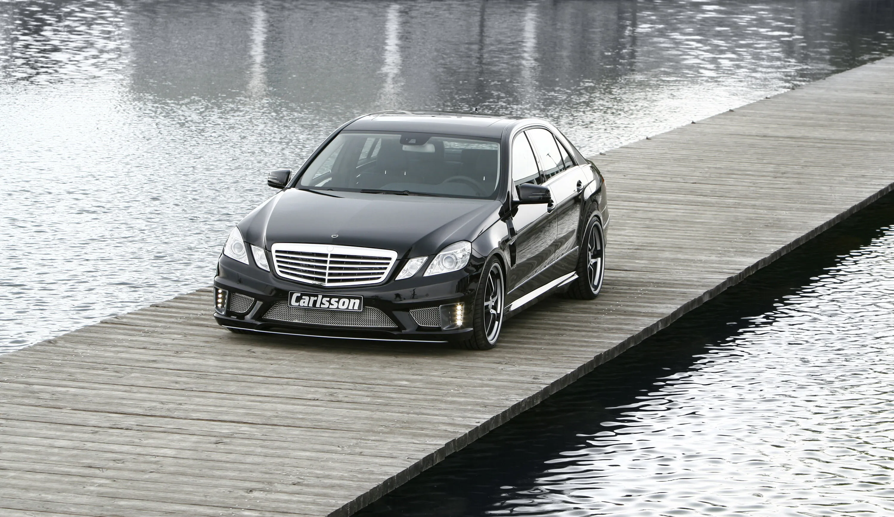 Black Mercedes Benz Sedan Parked on Wooden Dock Wallpaper