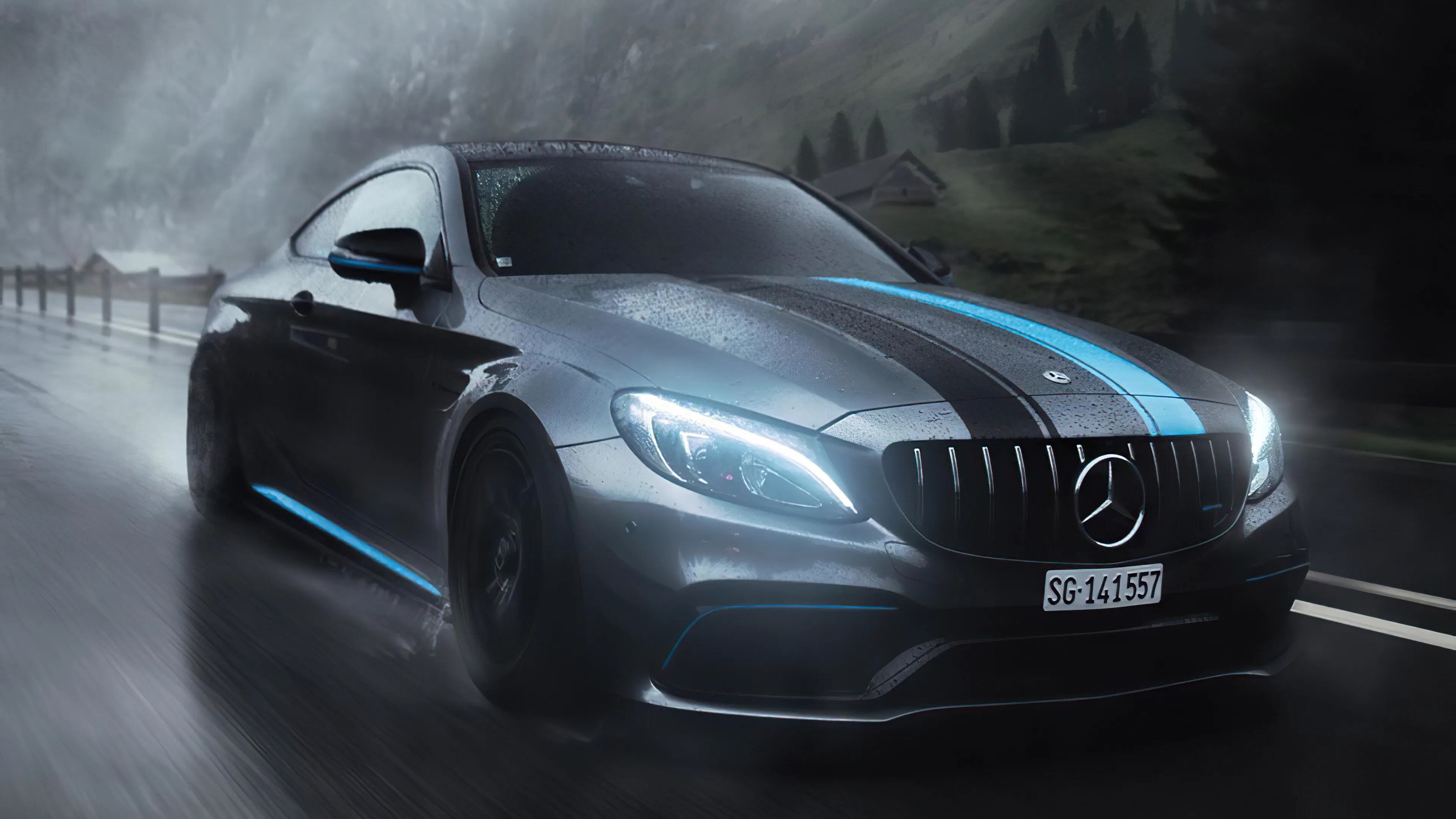 Black Mercedes Benz Sports Car Driving in Rain Wallpaper