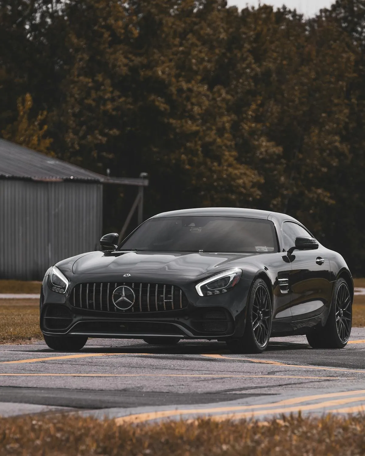 Black Mercedes Coupe Parked by Cabin in Autumn Forest