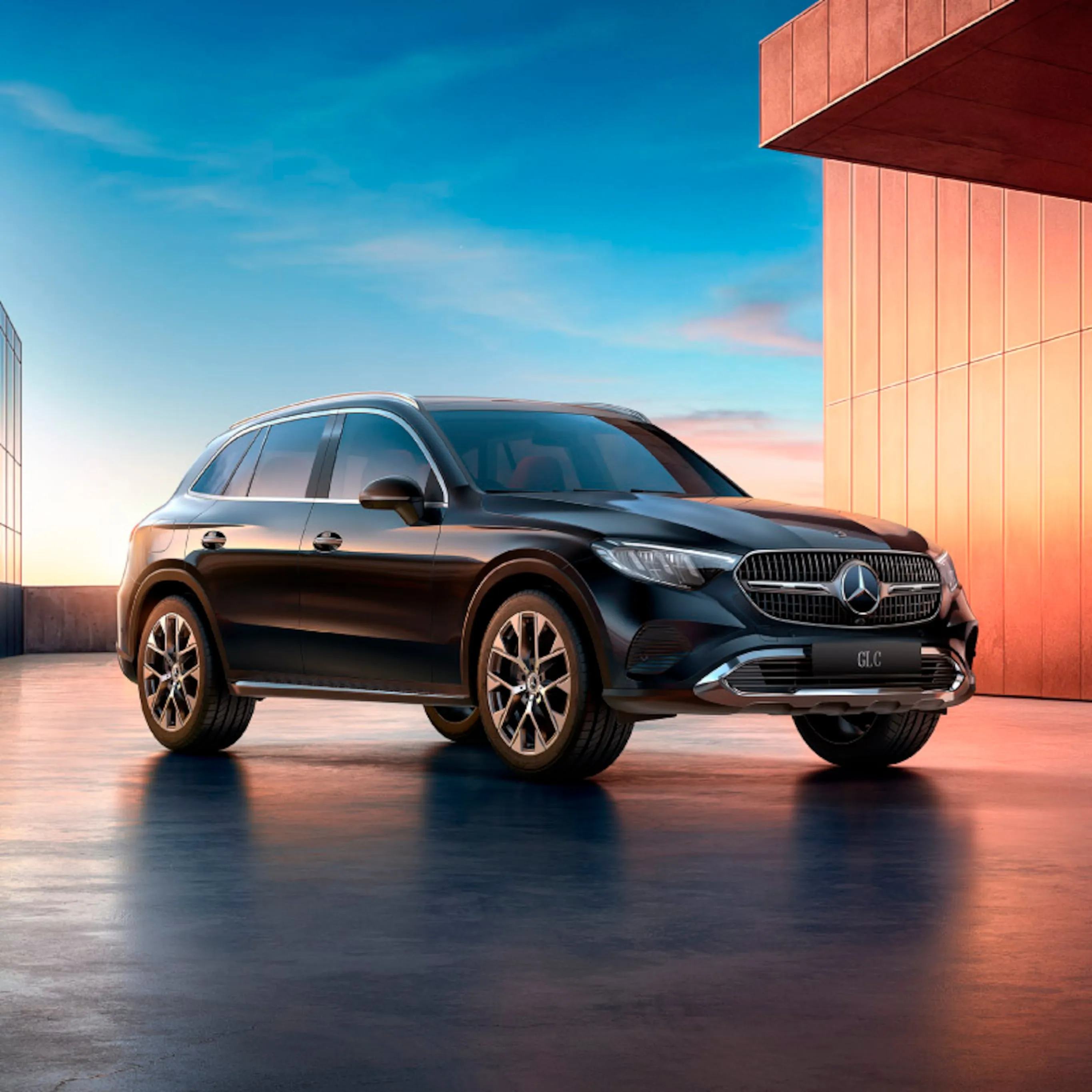 Black Mercedes SUV Parked With Modern Building background