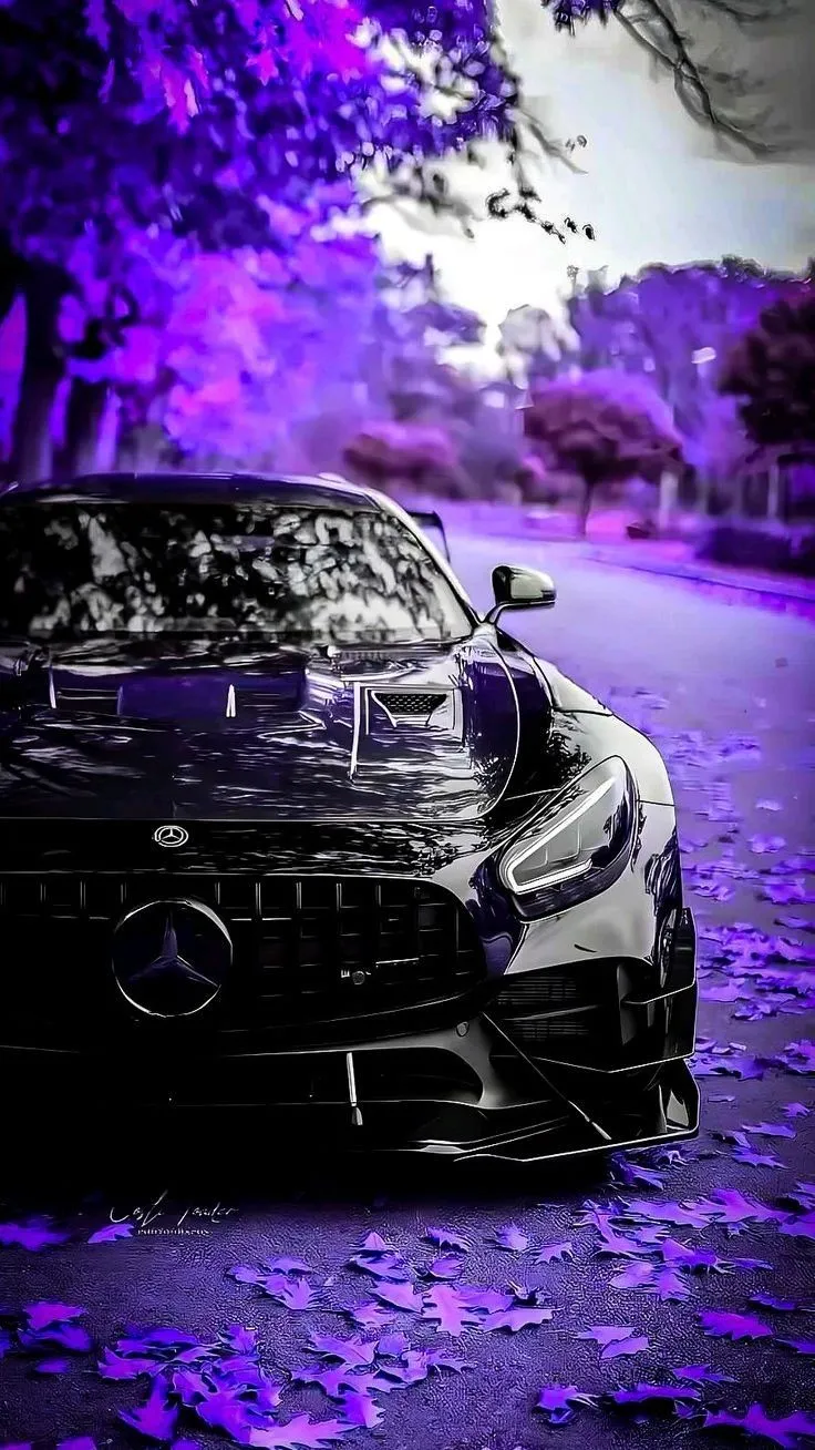 Black Mercedes with Neon Purple Street Night Effects