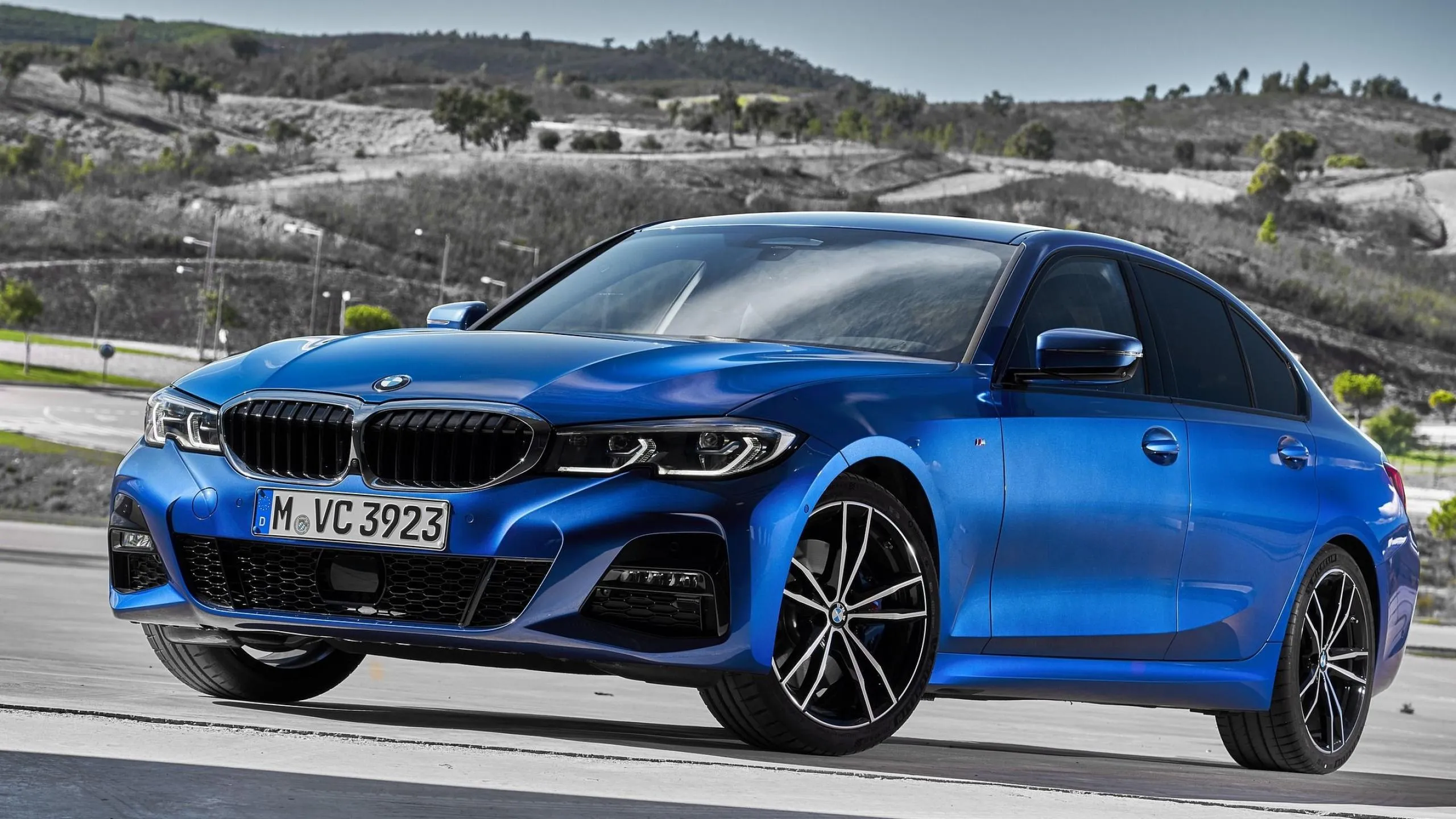 Blue Bmw Driving Fast on a Road with Forest in the Background