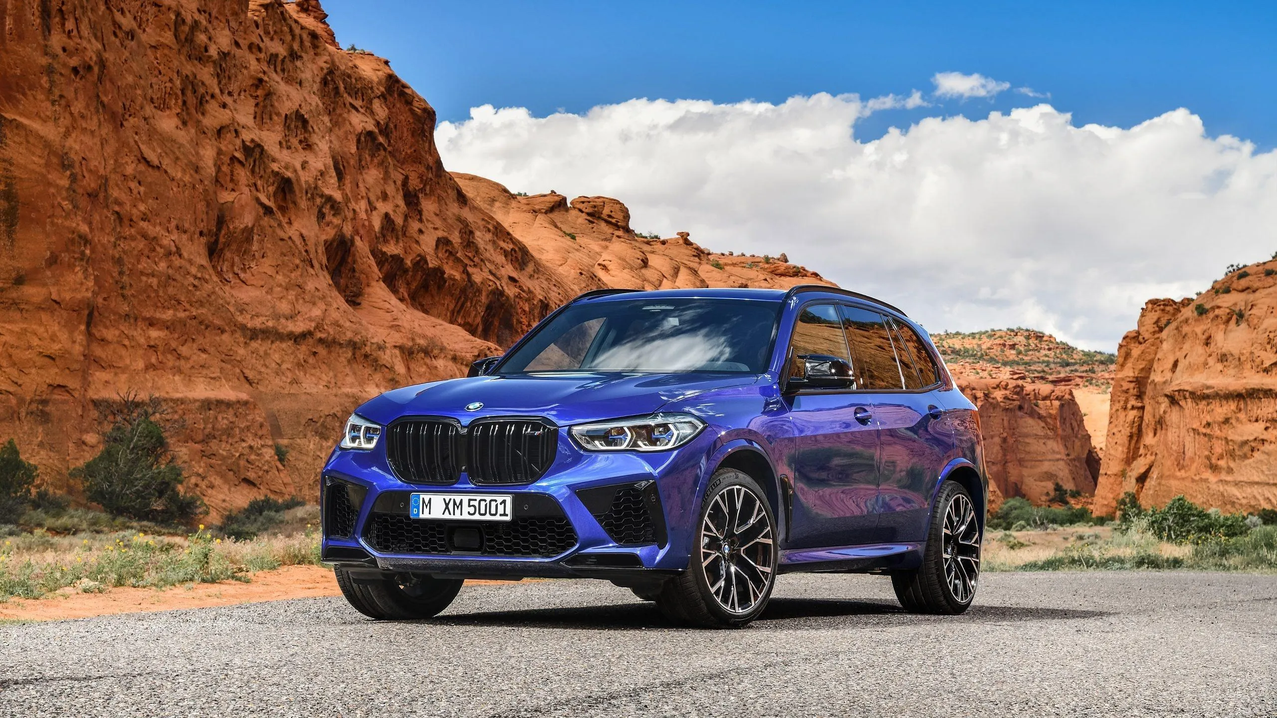 Blue Bmw Suv Parked Near Red Rock Formations in Desert