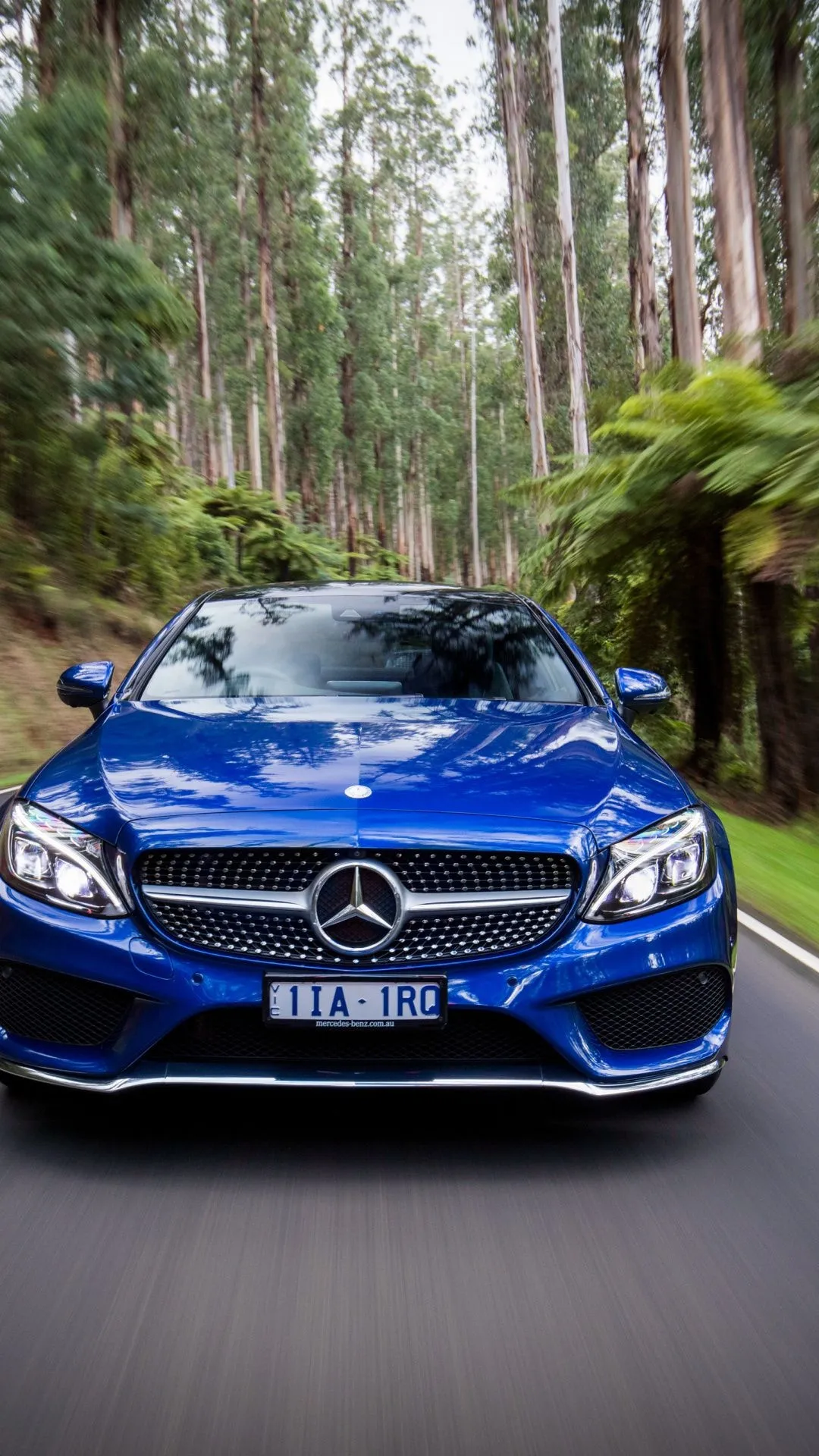 Blue Mercedes Benz Driving Through a Forest Road Wallpaper