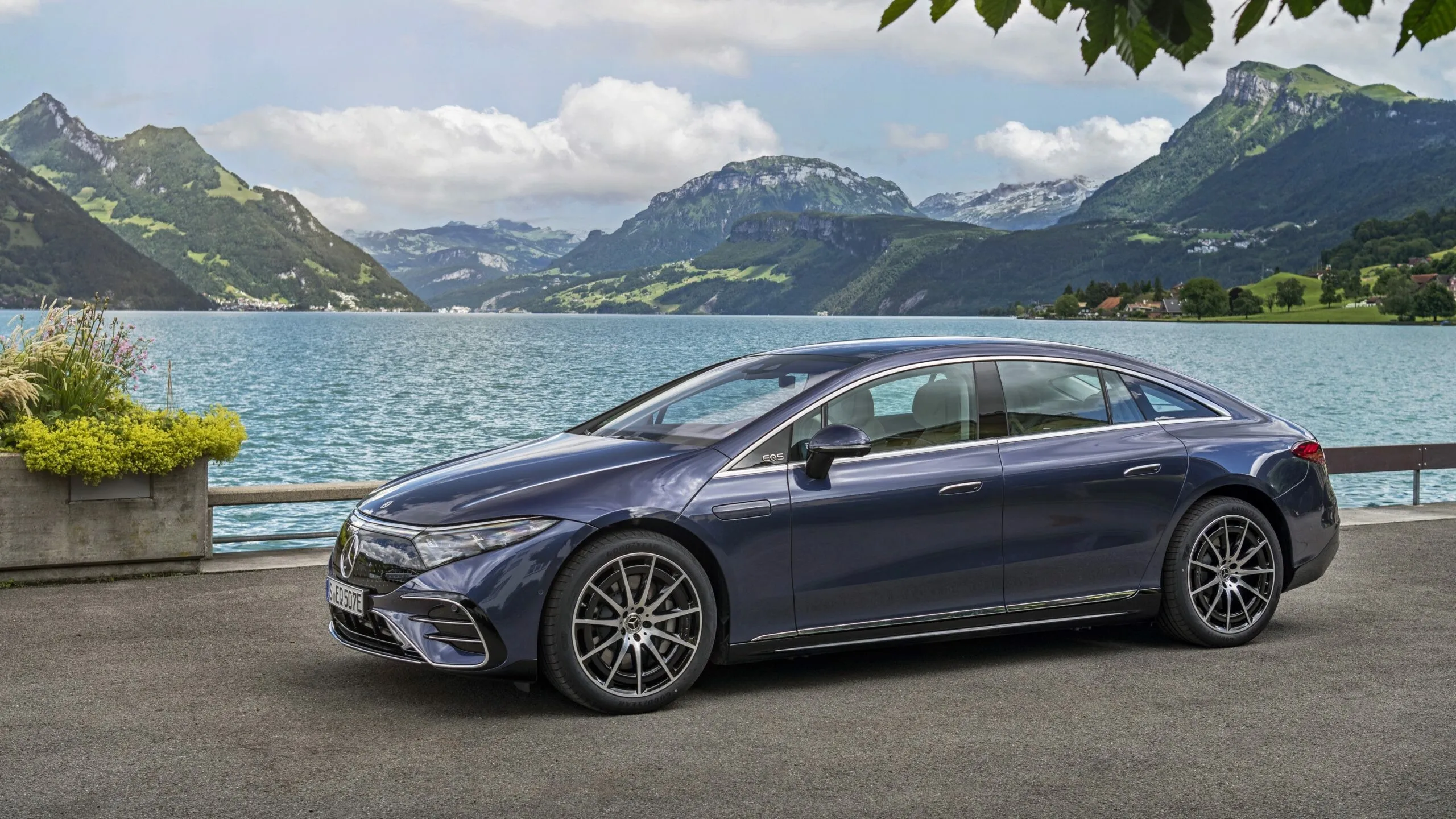 Blue Mercedes Benz Sedan by Lake and Mountain View Wallpaper