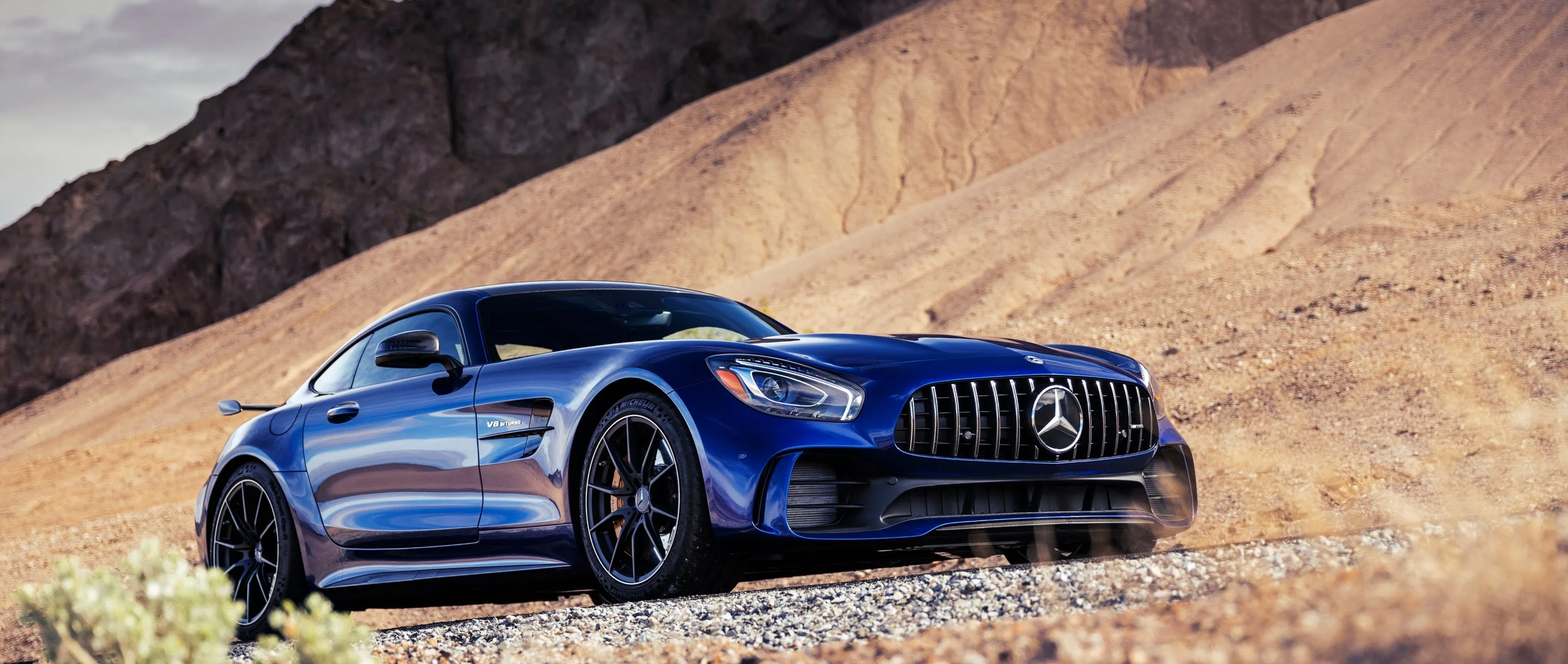 Blue Mercedes Coupe Posing in Desert Hills Wallpaper