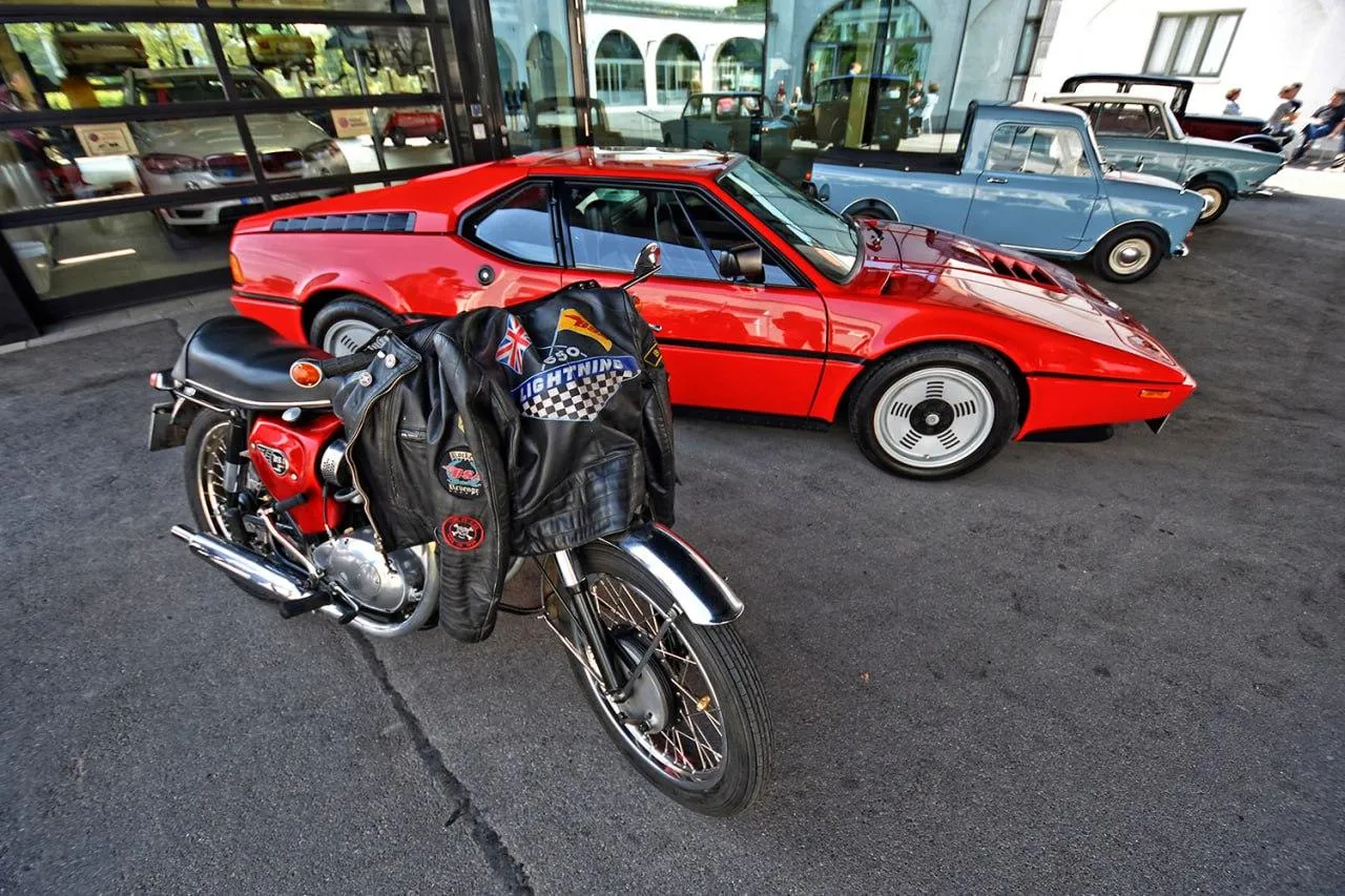 Bmw Classic Car and Motorcycle Parked on the Street