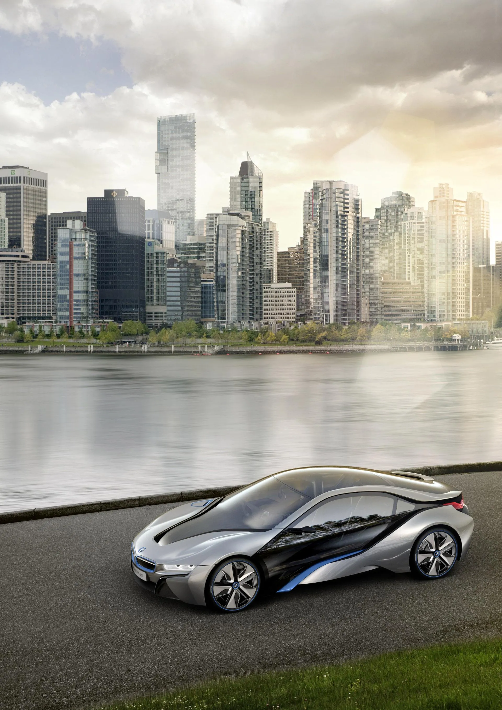 Bmw Concept Car Parked Near City Skyline Hd Wallpaper