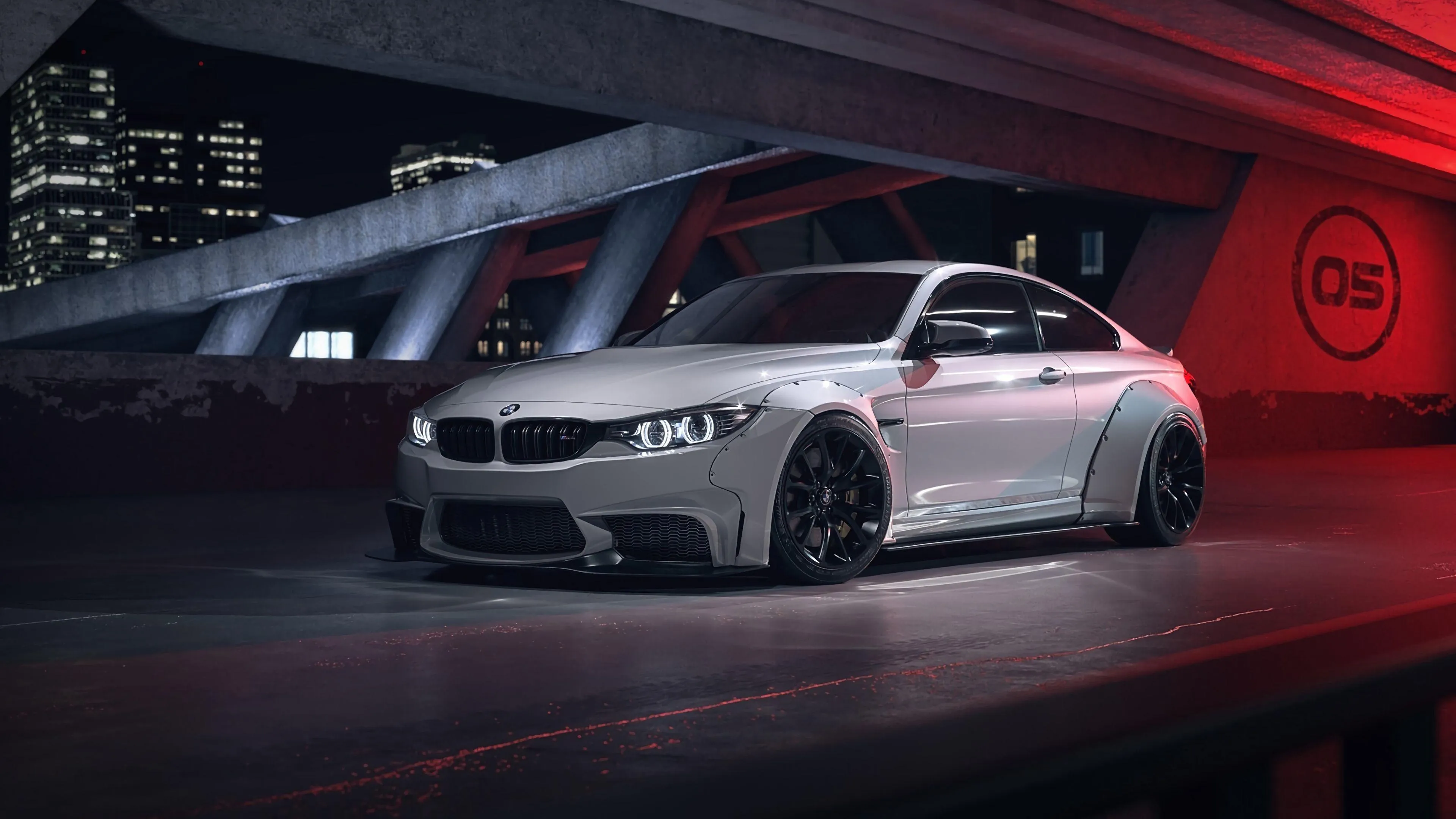 Bmw I8 Sports Car Parked Under Futuristic Red Lighting