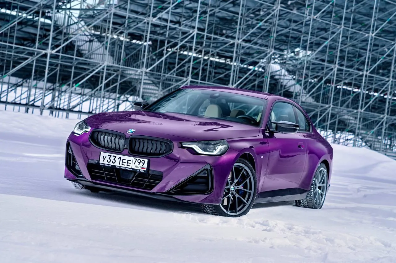 Bmw Performance Car on Road with Purple Exterior and Snow