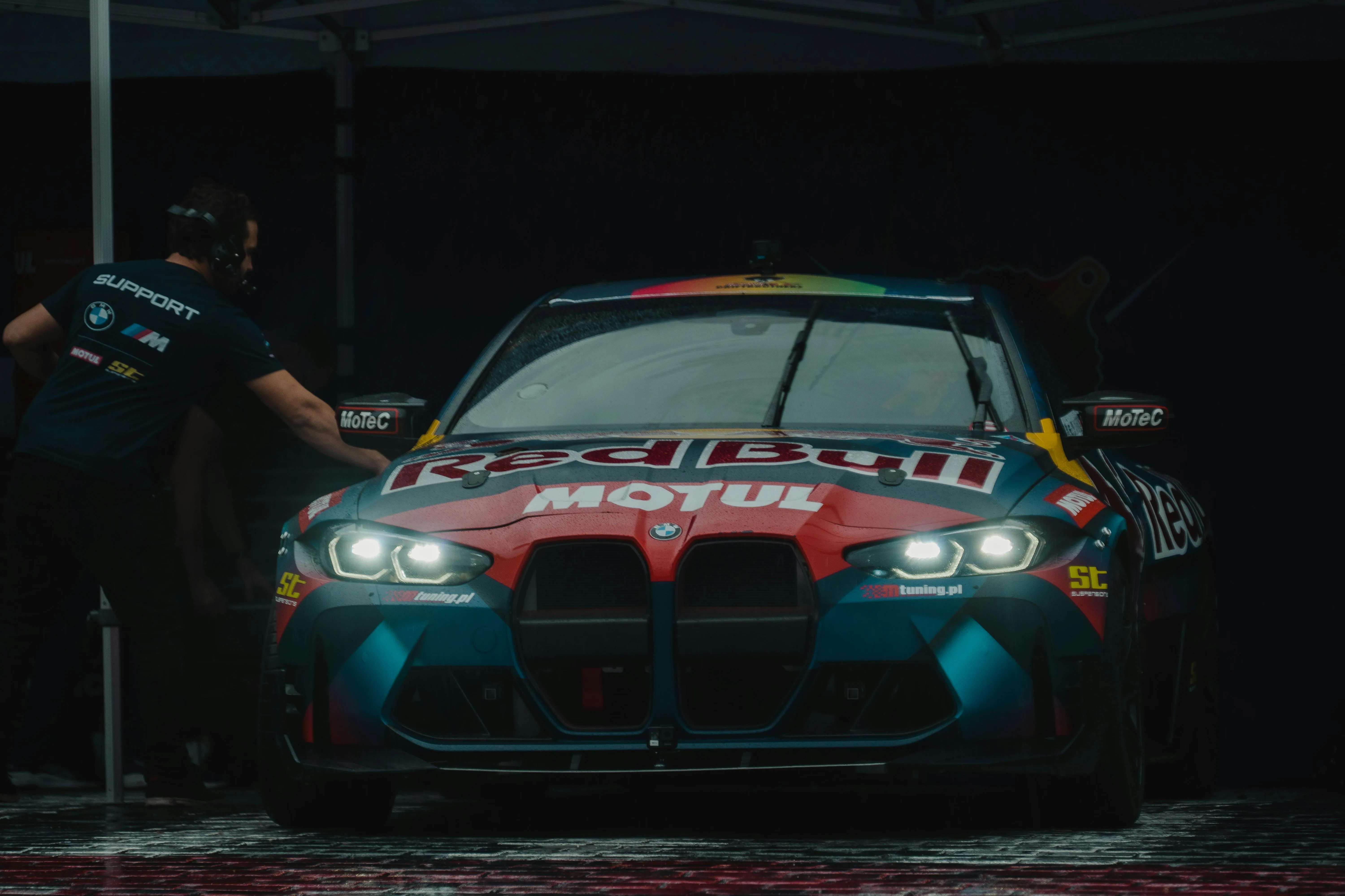 Bmw Race Car in Garage with Hood Lights and Race Detailing