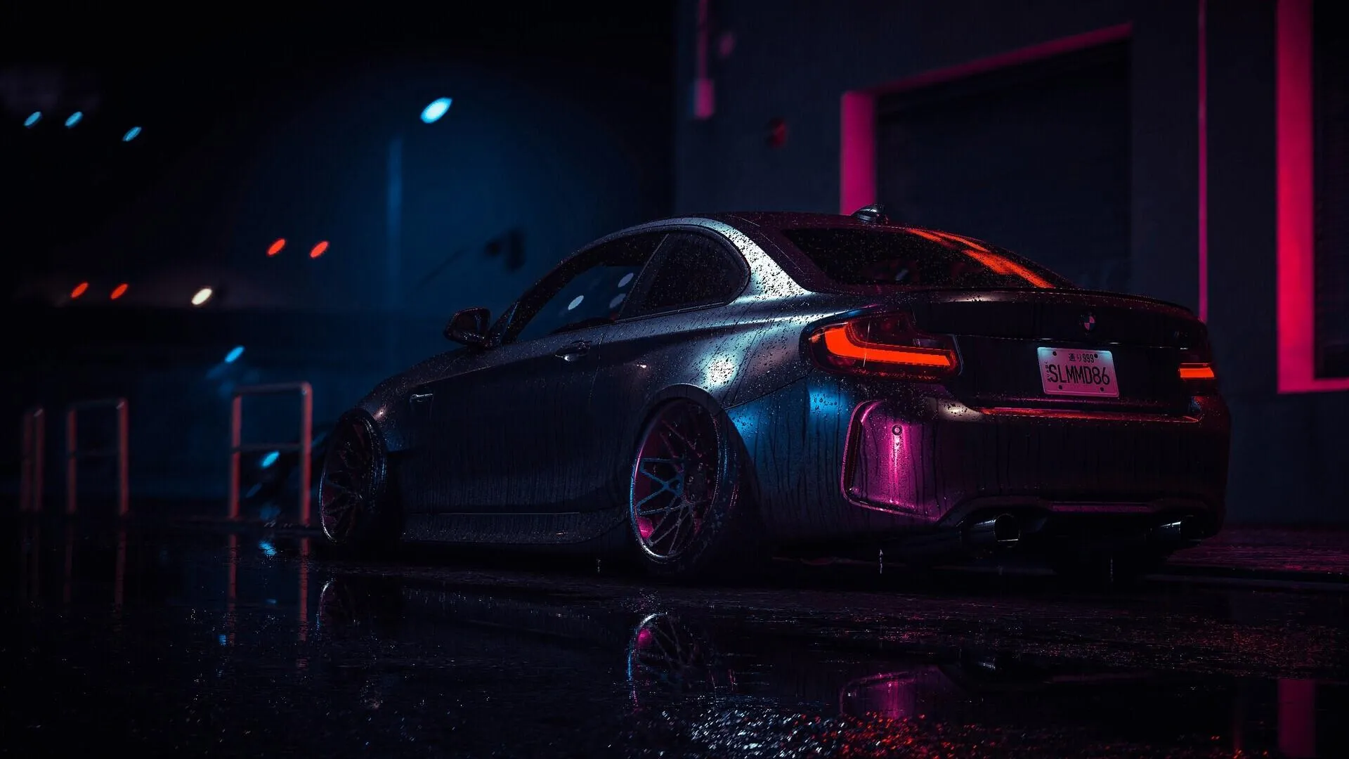 Bmw Sports Car Glowing in Neon Lights on a Dark Street