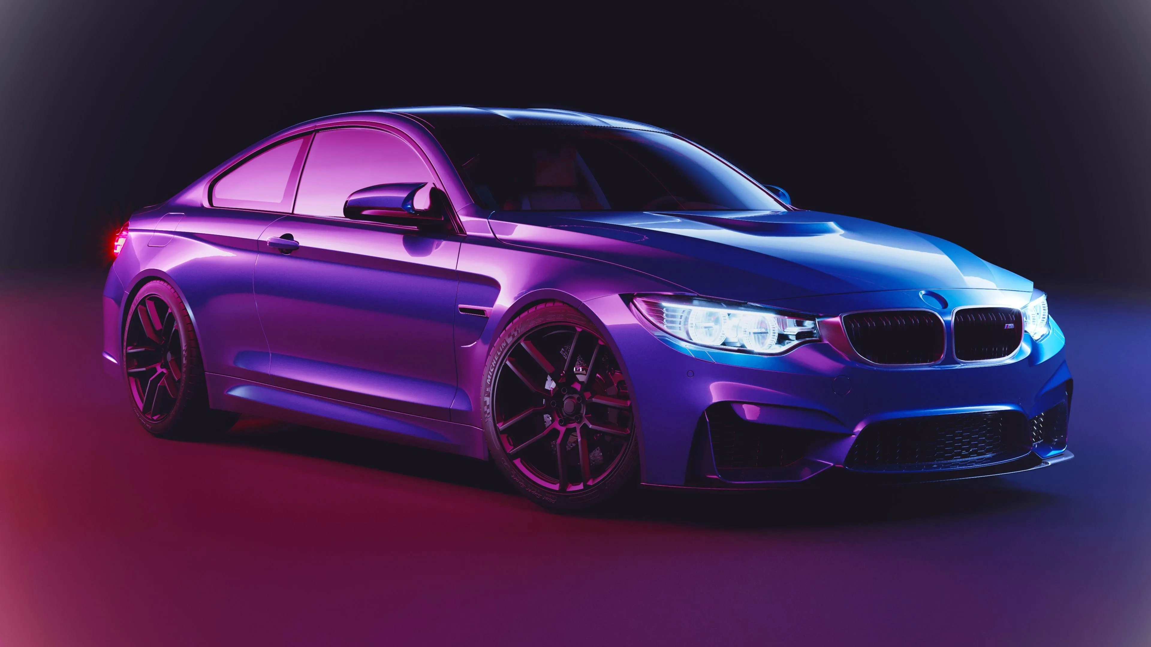 Bmw Sporty Coupe in Vibrant Purple Lighting on Display