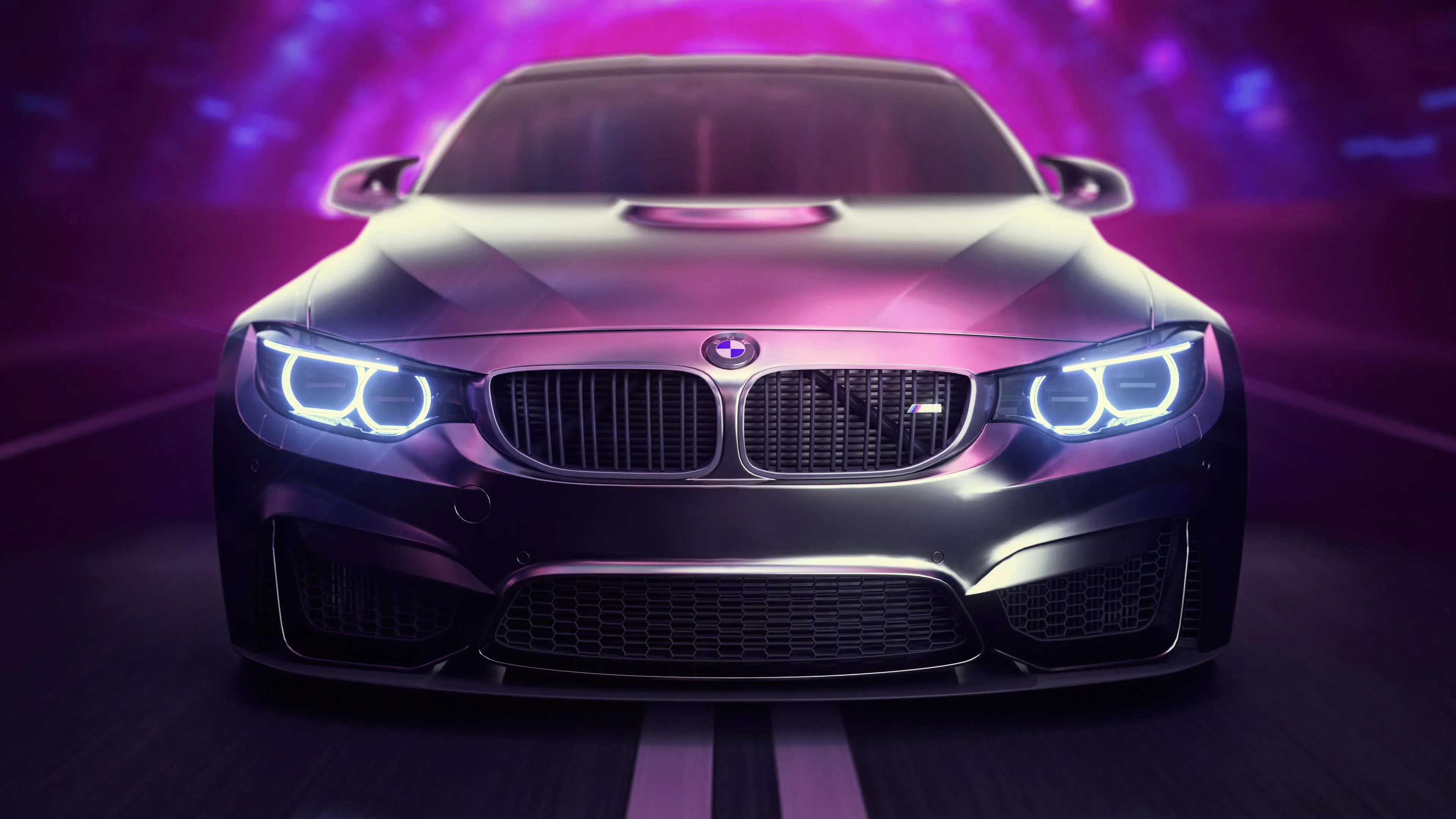 Bmw with Glowing Headlights on Futuristic Night Road