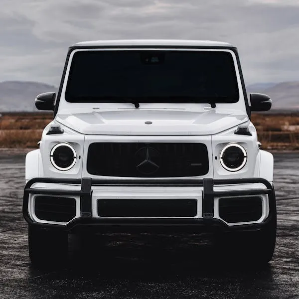 Bold Front View of White Mercedes Benz G Wagon Wallpaper