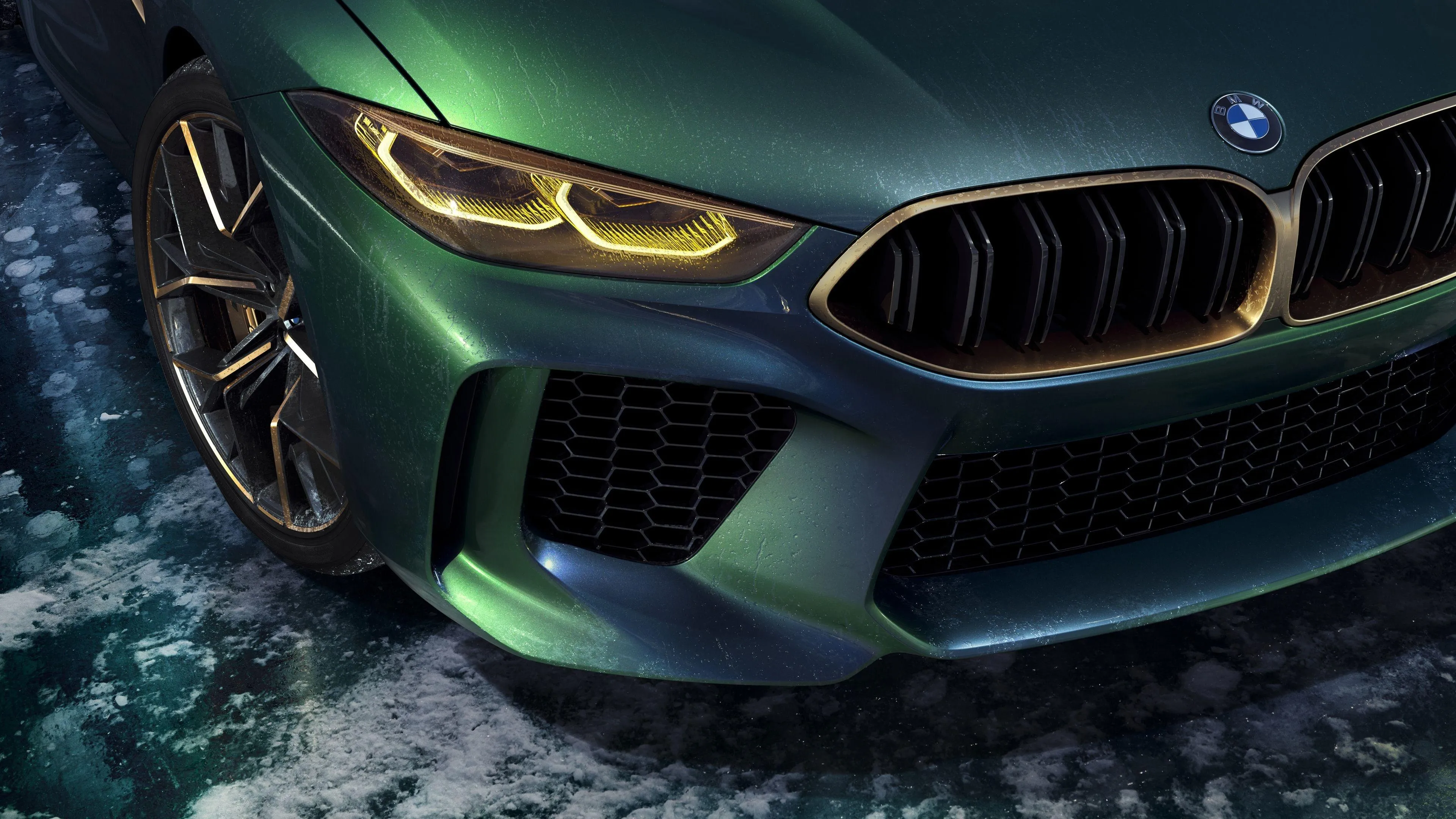 Bold Green Bmw with Aggressive Front on Wet Dark Pavement