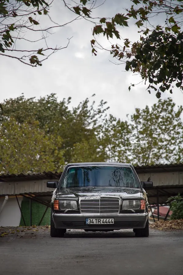 Classic Benz in Driveway Surrounded by Autumn Trees