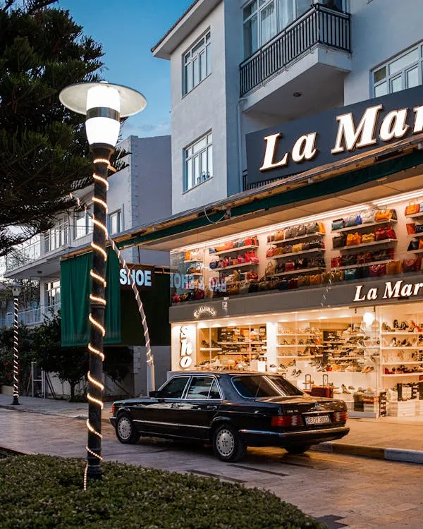 Classic Black Mercedes Benz Parked Outside Local Diner