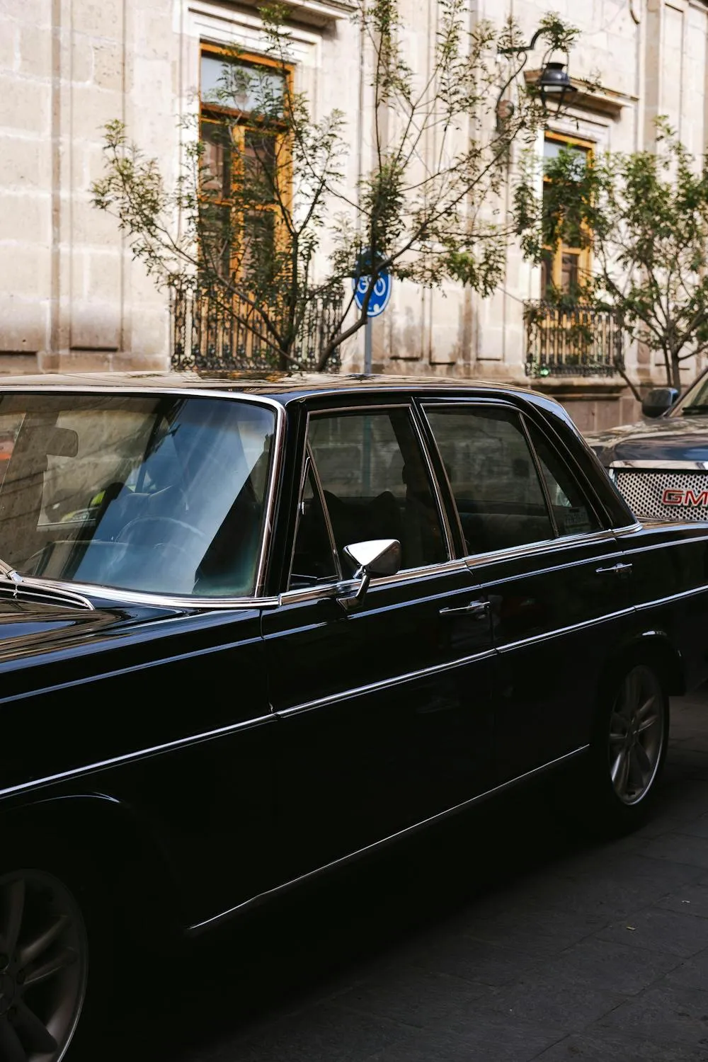 Classic Black Mercedes Sedan Parked in Elegant Setting