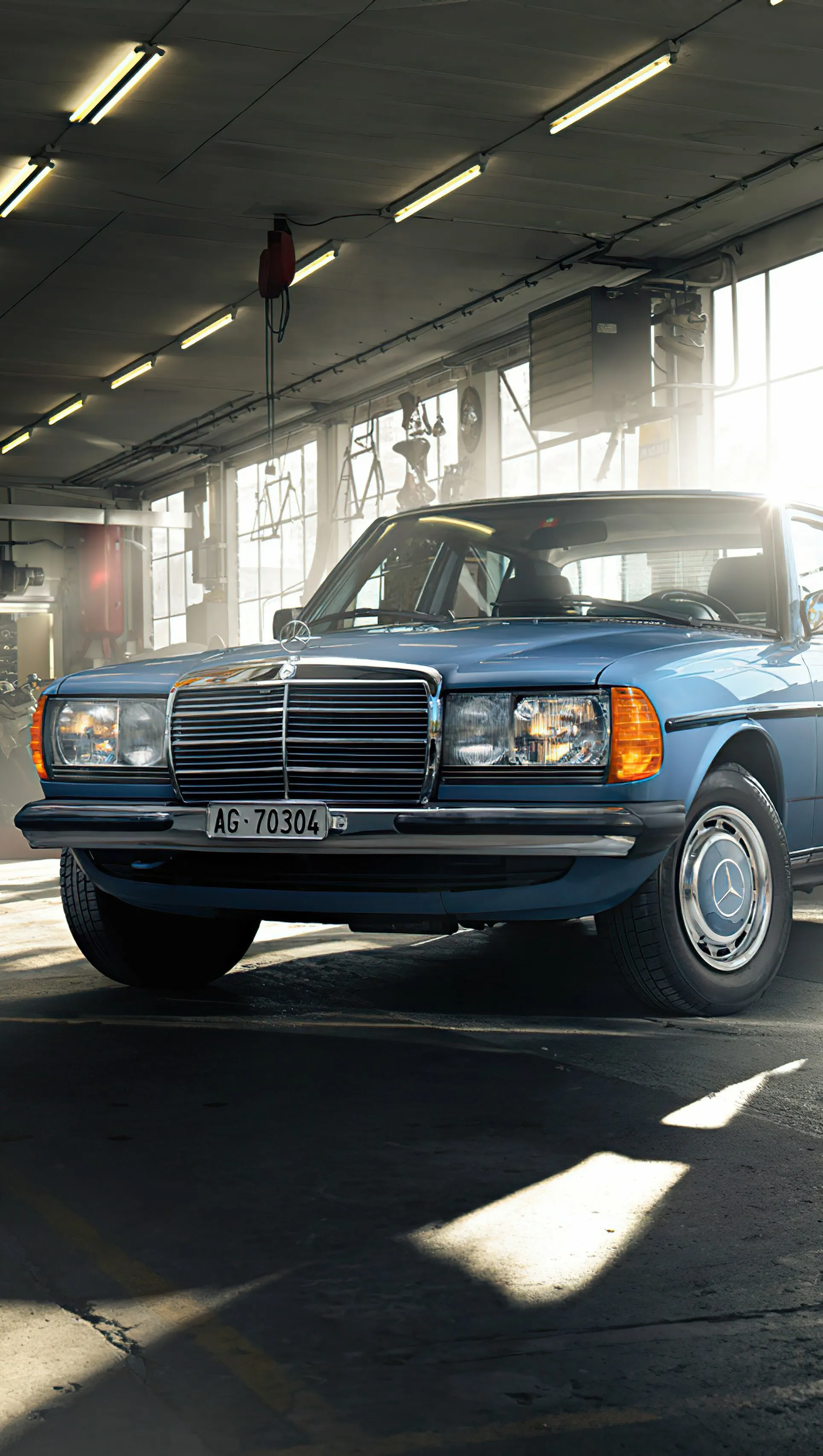 Classic Blue Mercedes Benz Car Parked in Industrial Garage