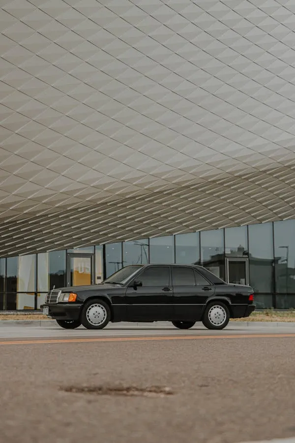 Classic Mercedes Benz Car Parked Outside Modern Building