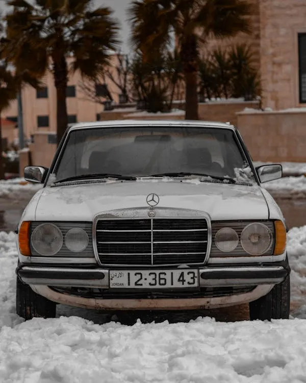 Classic Mercedes Benz Parked in Snowy Vintage Setting
