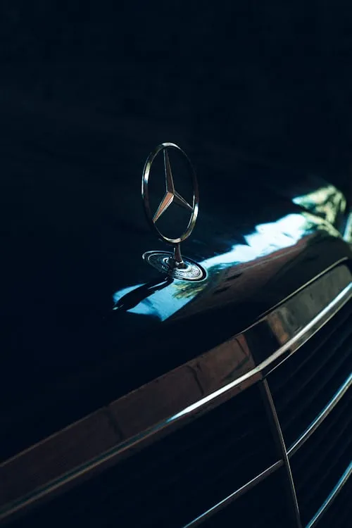 Classic Mercedes hood ornament captured in natural lighting