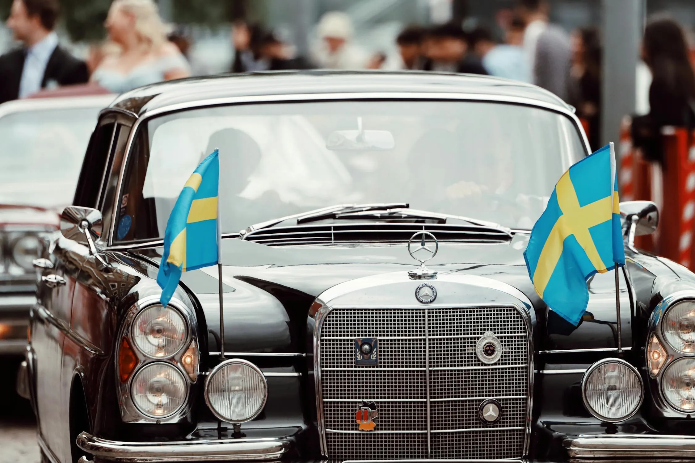 Classic Mercedes in Parade with Swedish Flags image 4K