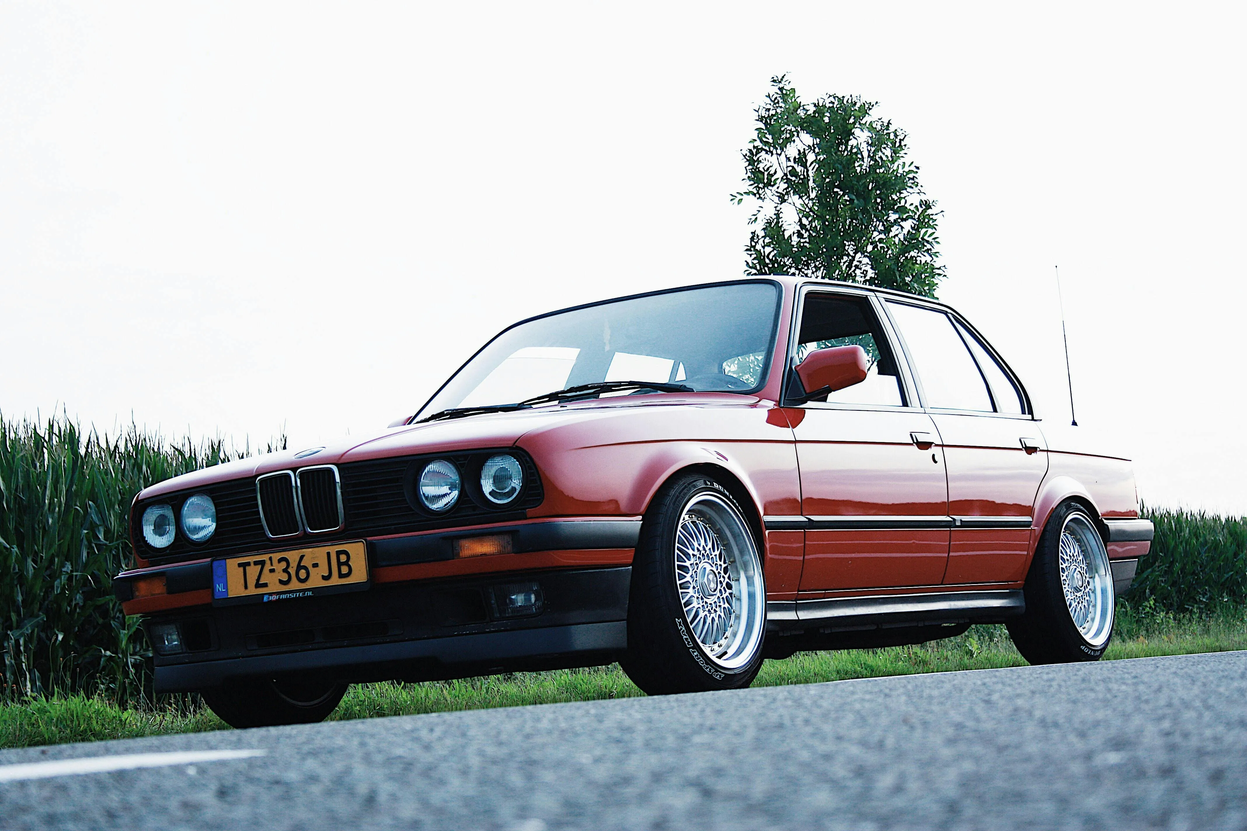 Classic Red and White Bmw Parked on Road with Grass